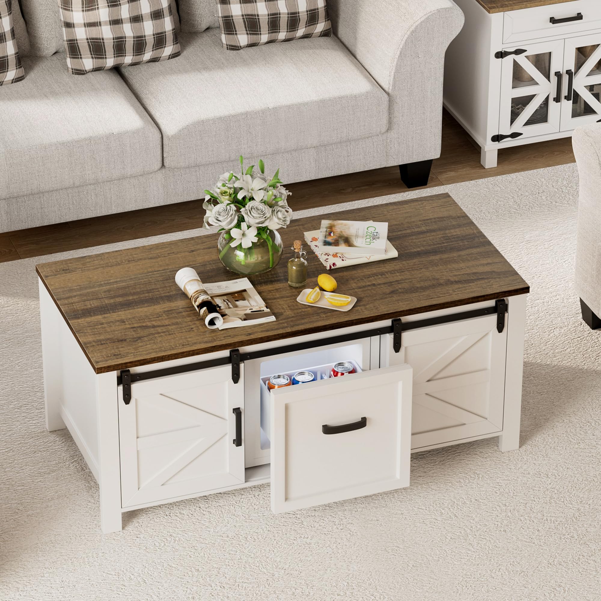 Coffee Table with Fridge Fridge Included Farmhouse Coffee Table with Sliding Barn Door Rustic Center Table with Adjustable