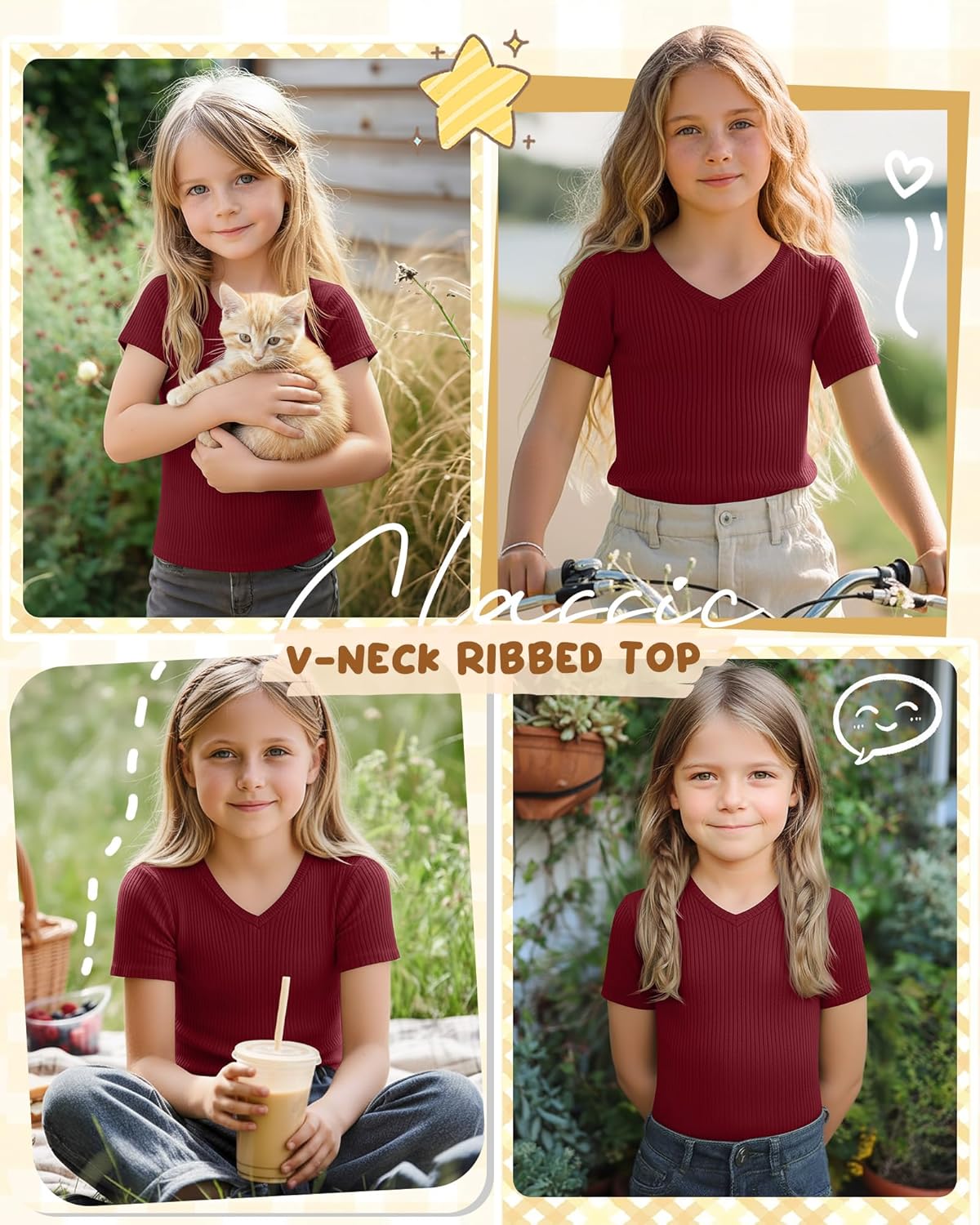 Girls Shirts Short Sleeve V Neck Ribbed Slim Fit Kids Tops Comfy Cute Summer Teen Girl Basic Tees - Image 2