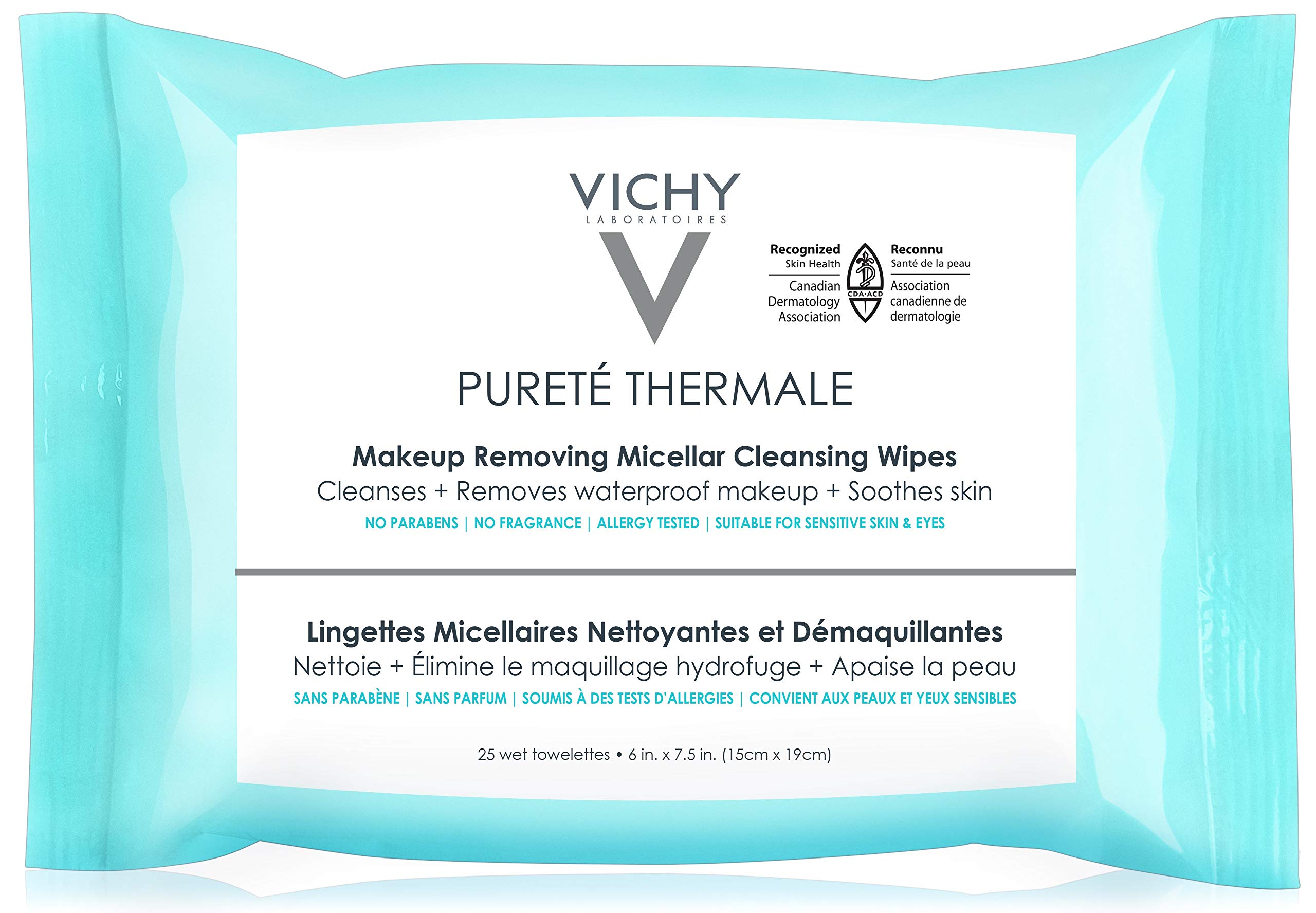 Vichy Purete Thermale 3-in-1 Makeup Remover Wipes with Micellar Water & Vitamin E, Removes Waterproof Makeup, 1 Pack