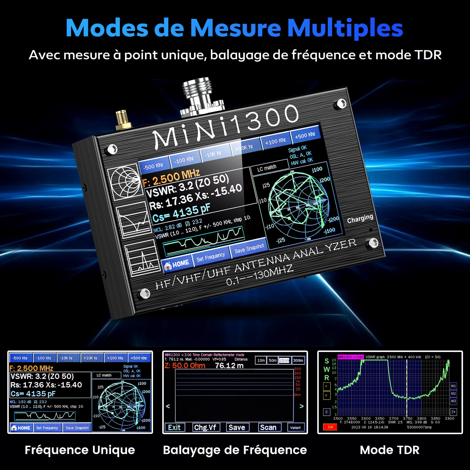 Seesii Mini 1300 Analyseur d'antenne, Analyseur de Réseau Vectoriel 2023 Mise à Niveau 4,3'' 0,1-1300MHz HF VHF UHF, Générateur de Signal avec Kits d'étalonnage SMA pour ANT/SWR/TDR/DSP RF