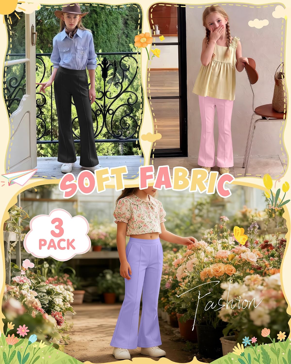 3 Pack Girls' Flare Leggings Pants Kids High Waist Bell Bottoms Bootcut Dance School Pants with Pockets 5-14 Years