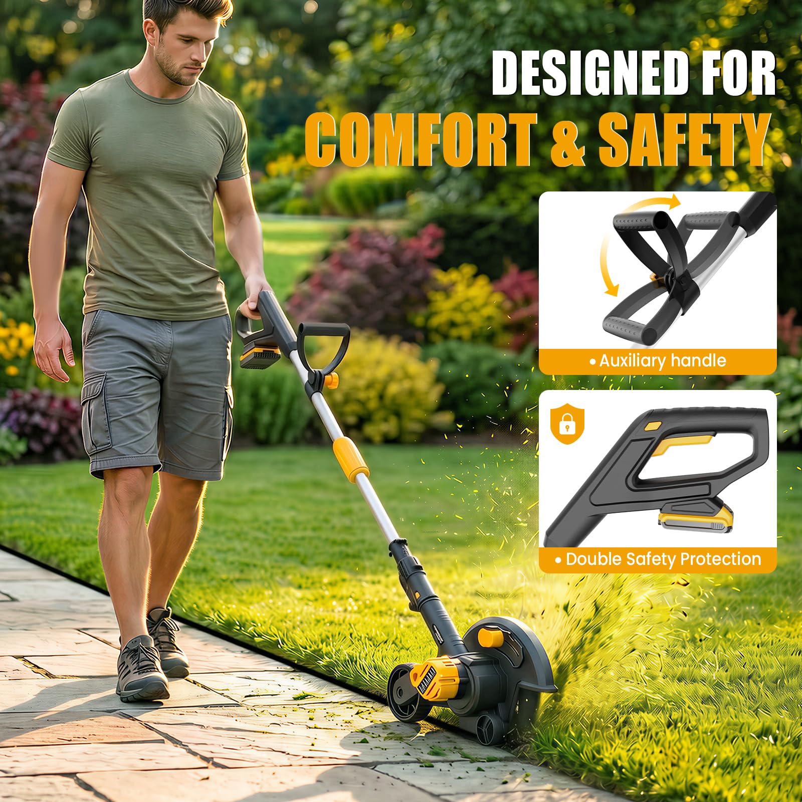 Houselife Bordeadora de césped inalámbrica compatible con batería DeWalt de 20 V máx. (solo herramienta), herramienta de zanjadora eléctrica de 9 pulgadas con ruedas dobles, 4 profundidades ajustables