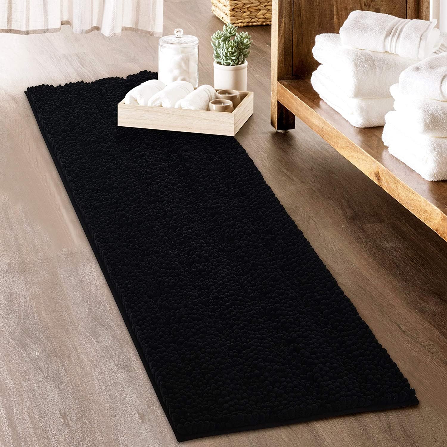 Black Bath Mat - Large Soft Bathroom Rugs Non-Slip Thick Shaggy Floor Cover Water Absorbent Quick Drying Shower Carpet for Toilet Kitchen Door Way, 70" x 24", 1 Pc