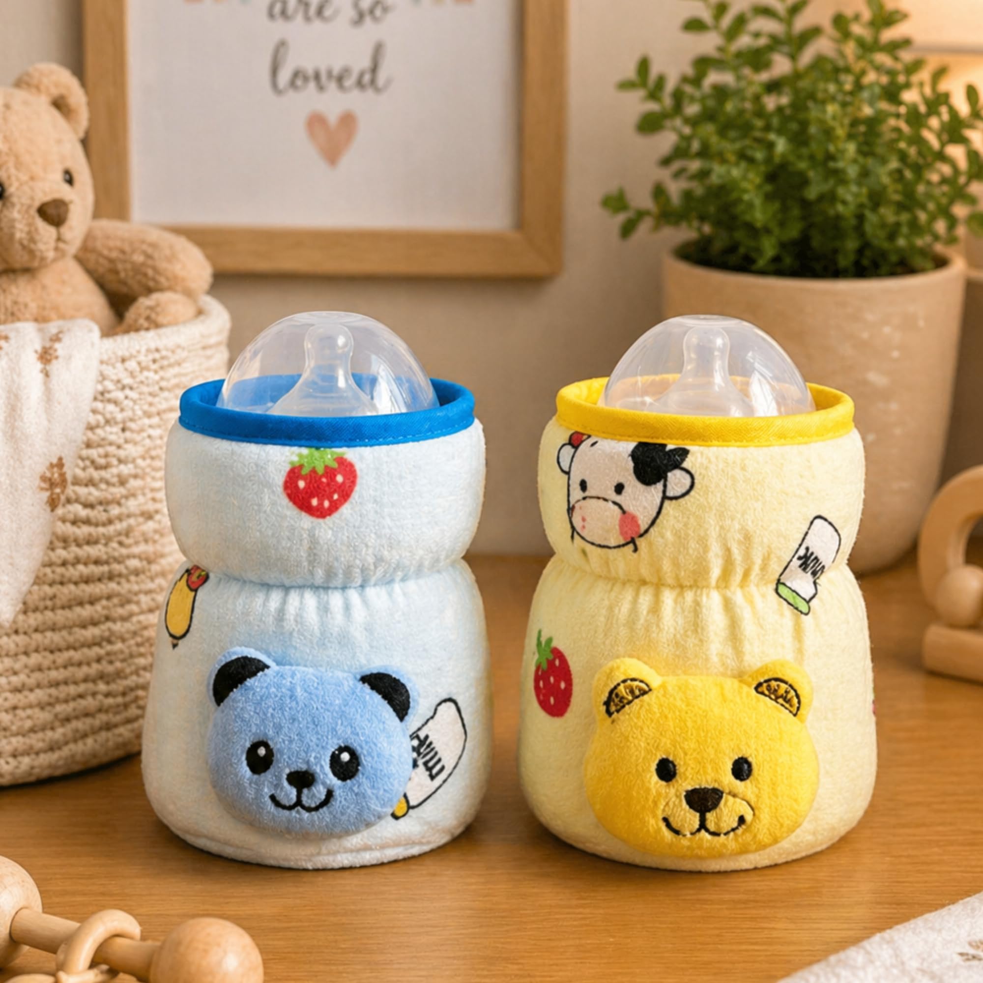 THE LITTLE LOOKERS Soft Plush Stretchable Baby Feeding Bottle Cover with Easy to Hold Strap | Cute Animated Overall Print Pack of 2 (Yellow & Blue, Wide Neck 125ml/4oz) Cartoon Print May Very-image-32
