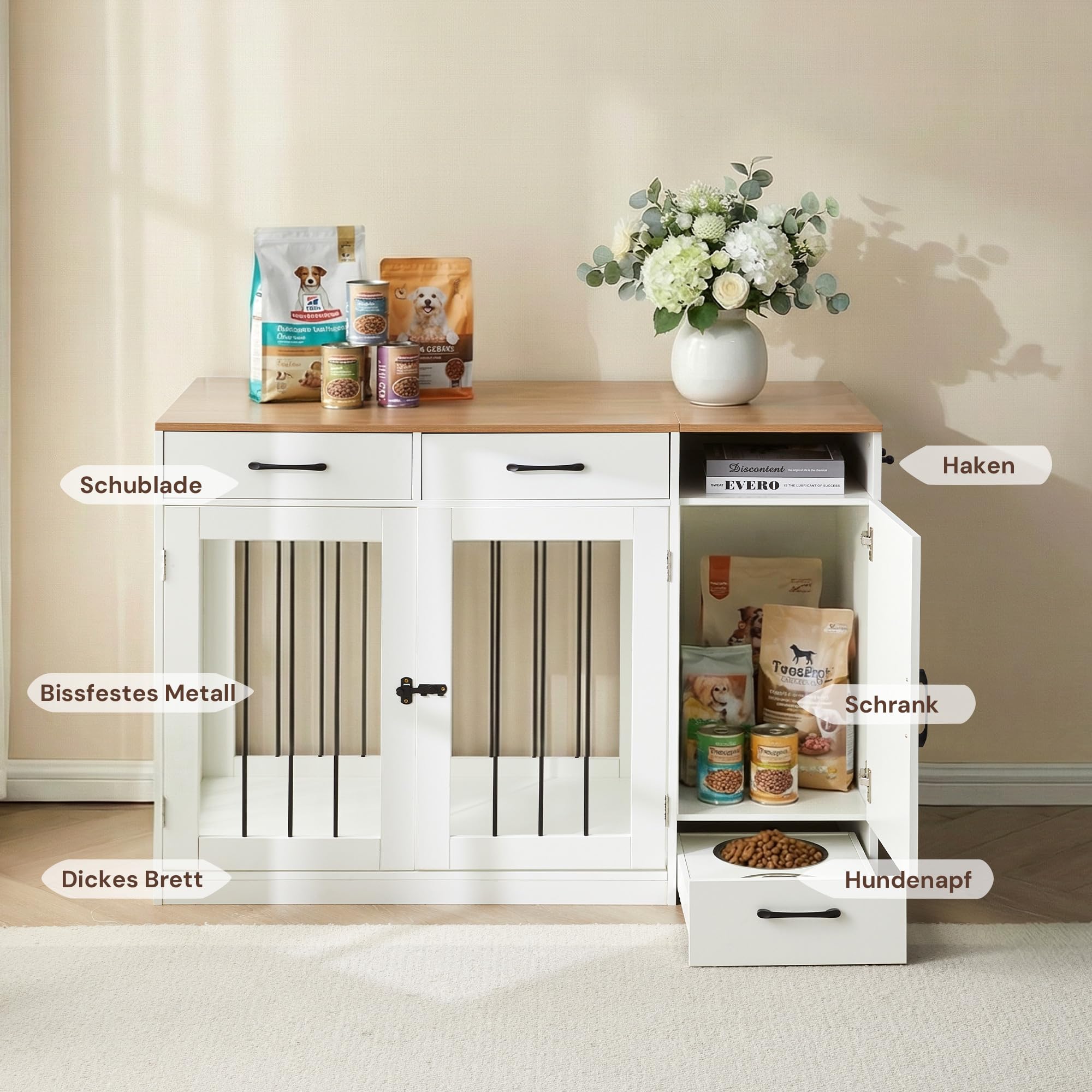 CLIPOP Hundekäfig Möbel, hundebox für zuhause, 125x60x88cm, Abschließbare Hundehütte, Moderne hundebox Holz Indoor, mit Schublade und Hundenapf, Vintagebraun und Weiß
