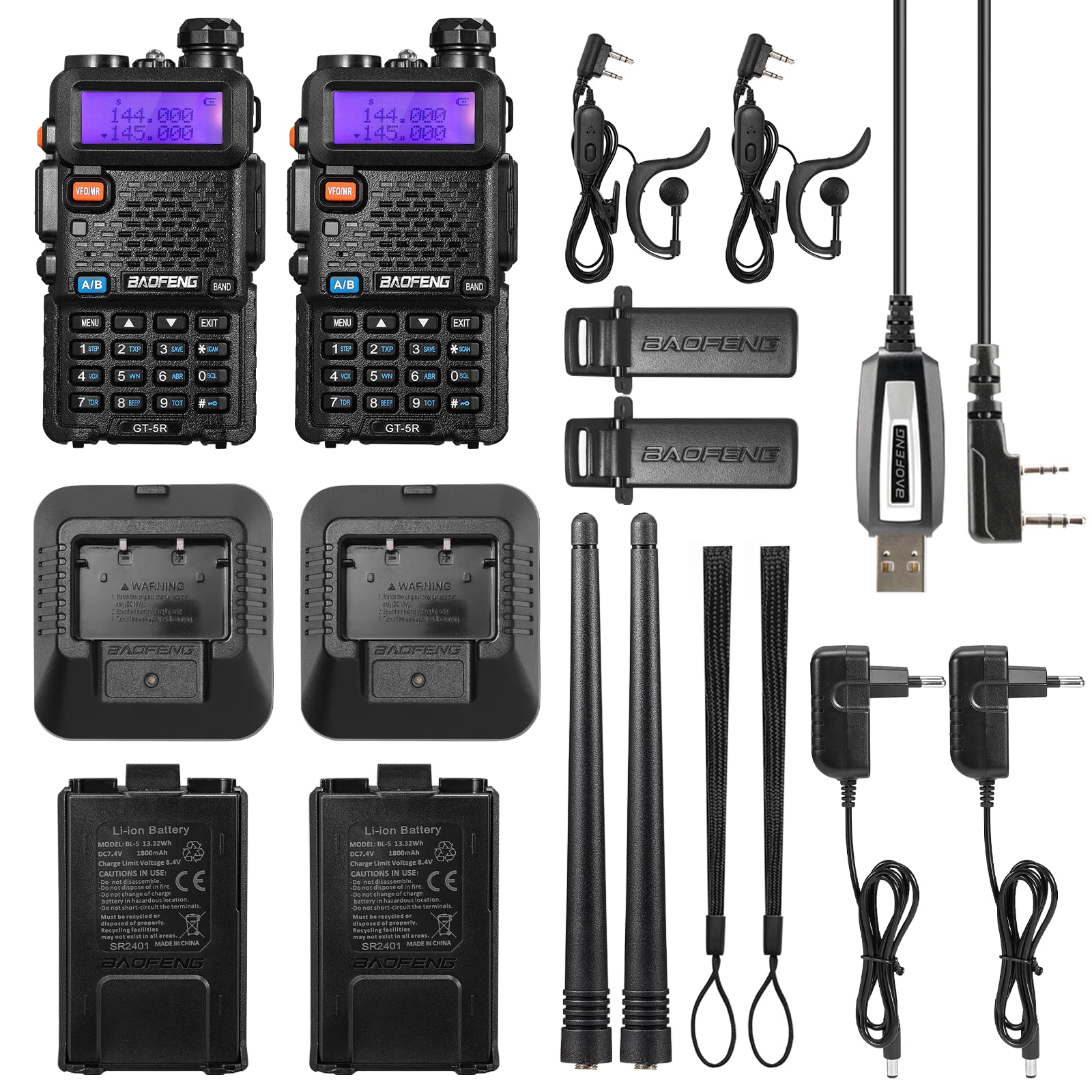 BAOFENG GT-5R Talkie Walkie, Radio Double Bande pour 144-146/430-440 MHz, Longue Portée avec 128 Canaux, Batterie 1800 mAh, Casque, Câble de Programmation pour Camping, Supporté par Chirp, 2PCS