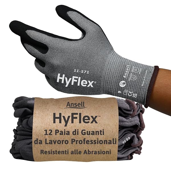 Ansell HyFlex 11-571 Guanti Antitaglio, Rivestimento in Nitrile Traspirante, Guanti da Lavoro Professionali Alta Protezione, Donna e Uomo, Lavabili, Grigio, Taglia S (12 Paia)