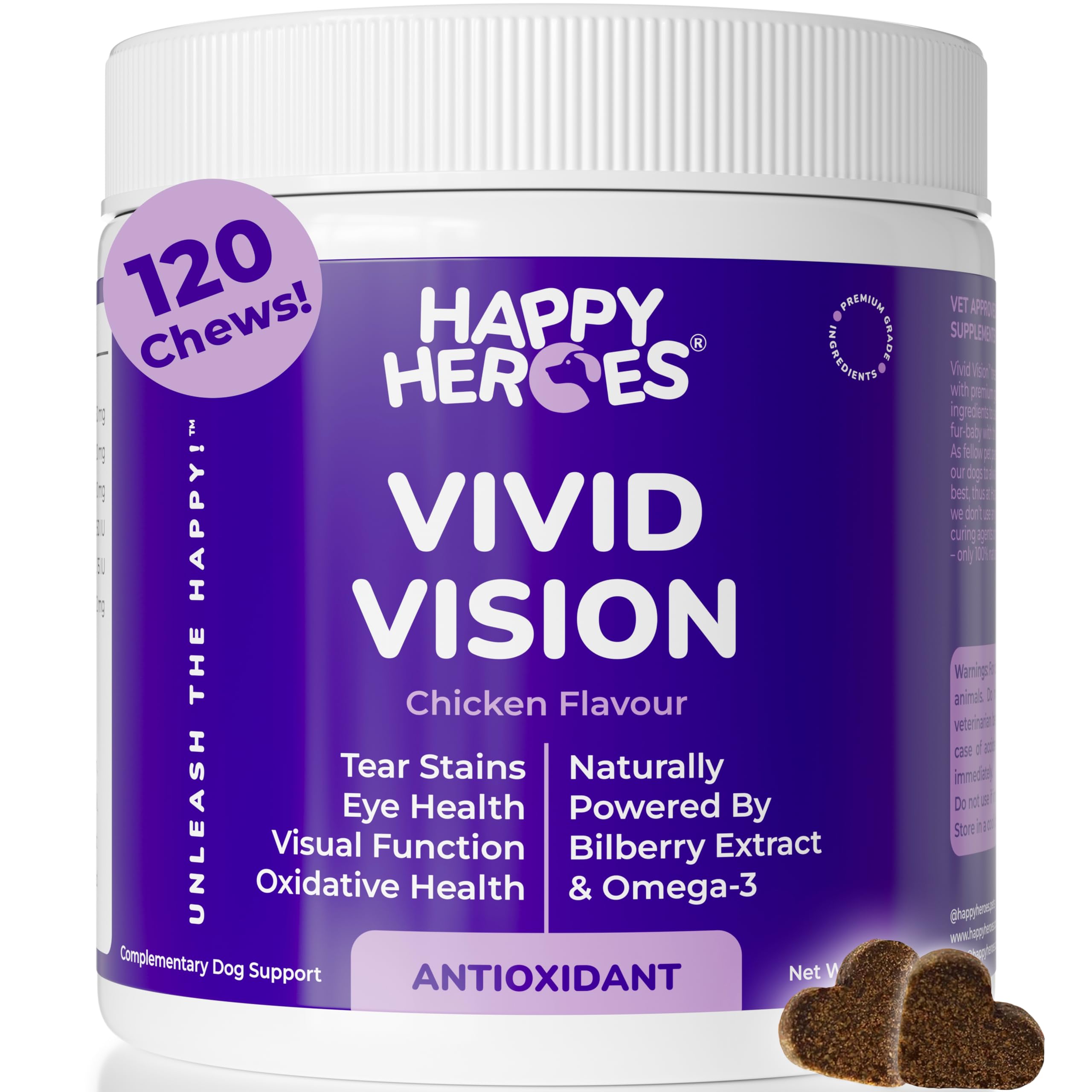 Happy Heroes - Vivid Vision Dog Treats, Premium Antioxidant Blend for Optimal Eye Health, 100% Natural Supplement, Supports Clear Vision with Essential Vitamins, Eye Care for All Dogs, 120 Soft Chews