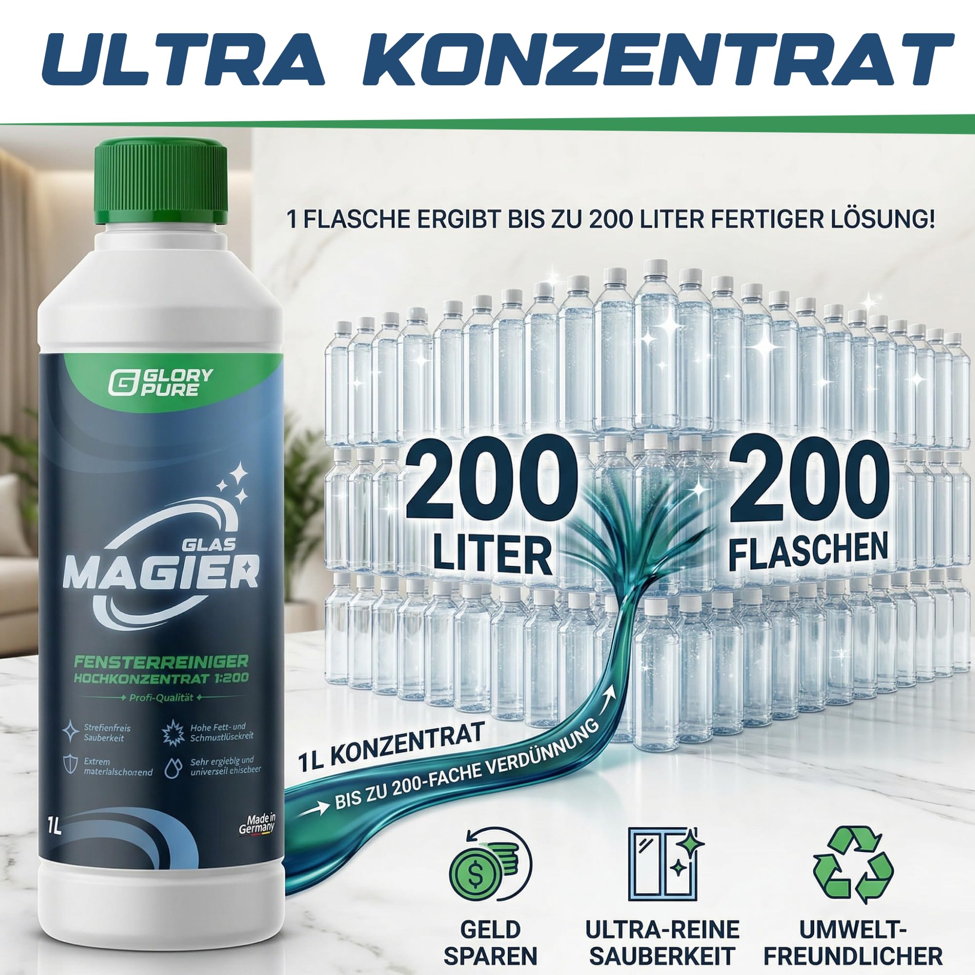GLAS-MAGIER Fenster-Reiniger 200-fach Hochkonzentrat in Profi-Qualität | Streifenfreie Sauberkeit, materialschonend, sehr ergiebig | Exzellent auch für Fenster-Sauger