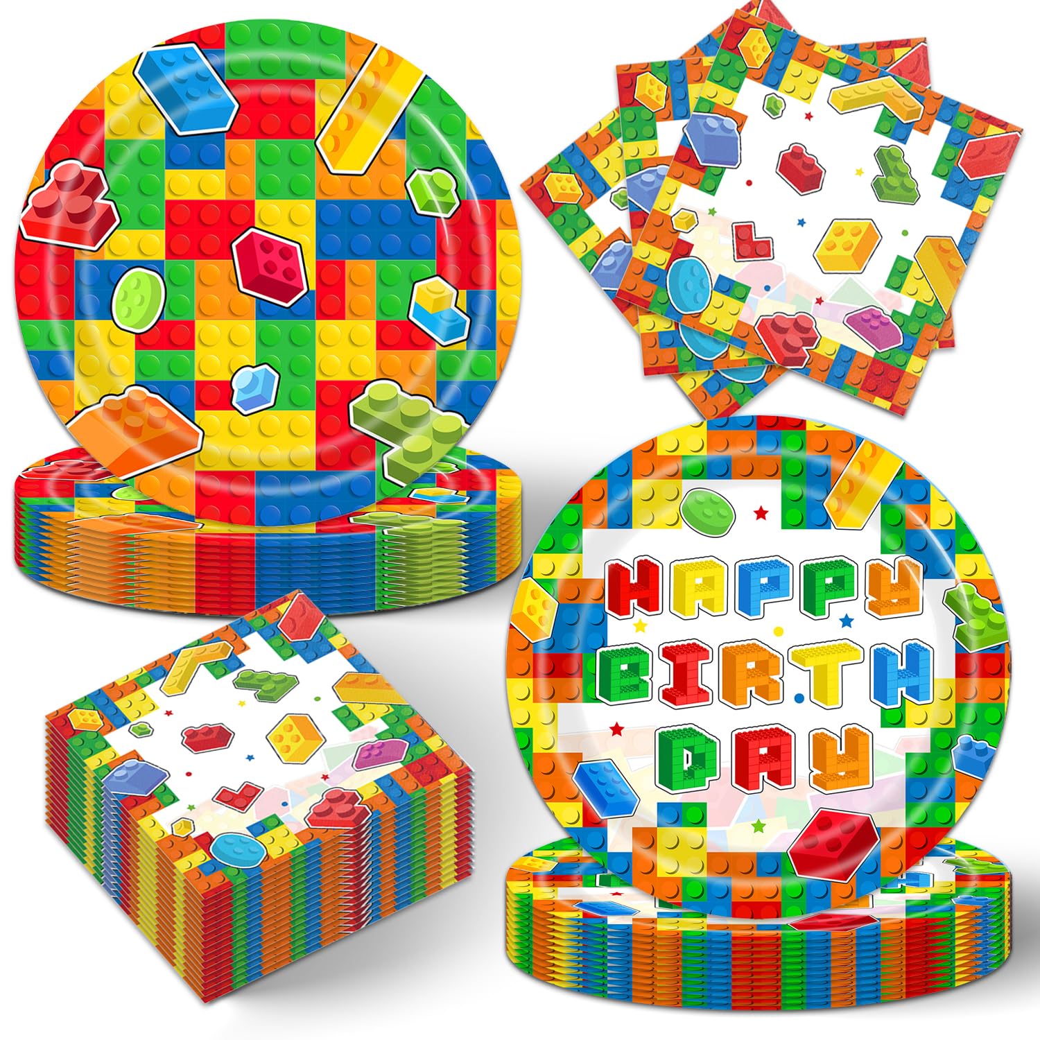 40Pcs Building Block Birthday Party Decorations Disposable Number Theme Tableware Set Supplies Building Block Birthday Plates and Napkins Party