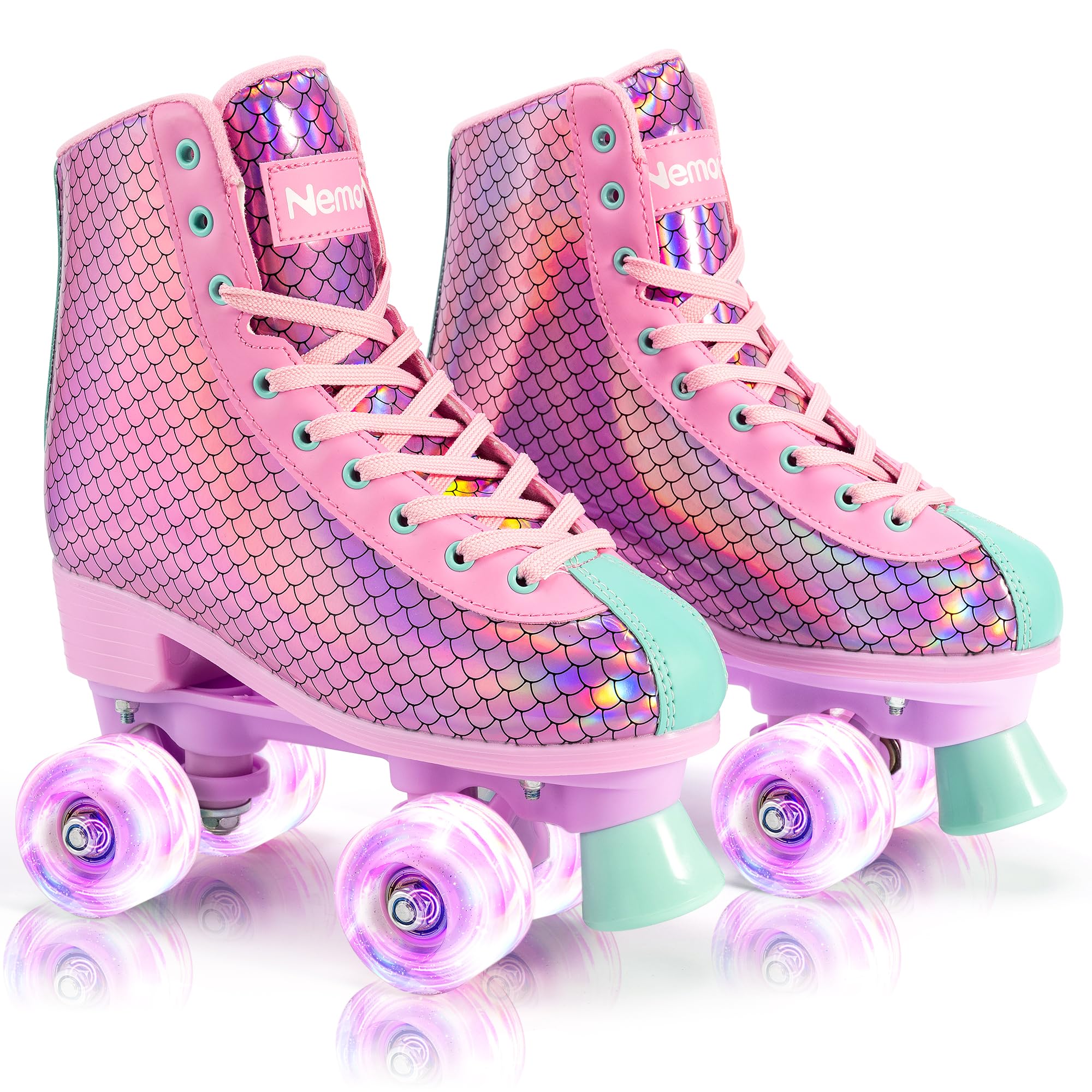 NEMONE Roller Skates for Girls, Women Roller Skates with Light up Wheels, Classic Shiny Mermaid Rollerskates, High Top Outdoor Indoor Skates for Adults Youth Kids