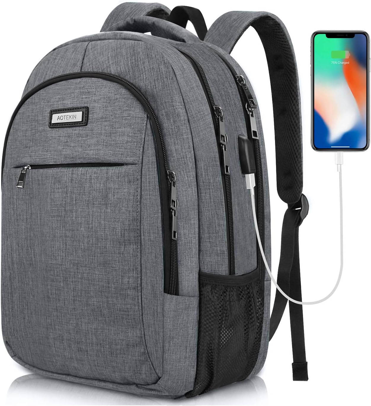 Travel Laptop Backpack, Business Backpack Bag with USB Charging Port, Lightweight Laptop Bag, Water Resistant School Rucksack for Women Men, Fits 15.6 Inch Laptop and Notebook (Grey)