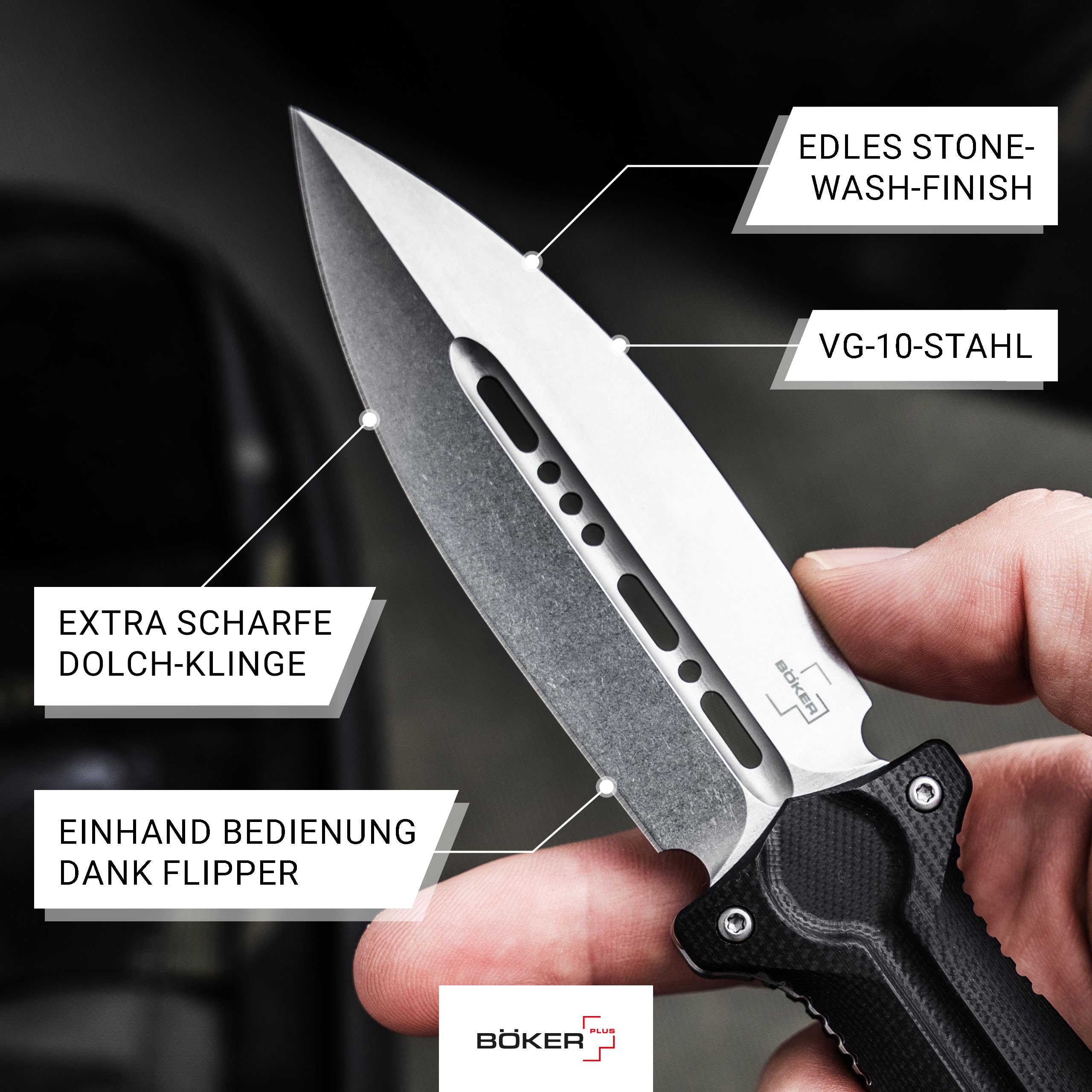 BÖKER PLUS® Cheus - Profi Flipper Taschenmesser mit VG-10 Stahl Dolch Klinge - taktisches Klappmesser - Tactical Linerlock Dagger Knife - 1 Hand Messer mit G10 Griff schwarz - Einsatzmesser mit Clip
