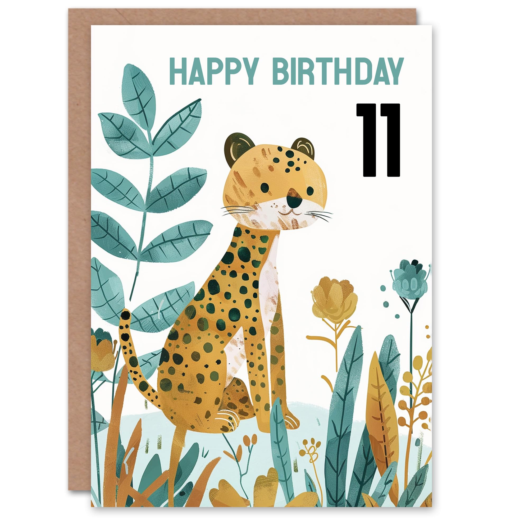 Artery8 Kids Age 11 Birthday Card - Cheetah Jungle Plants - Mustard