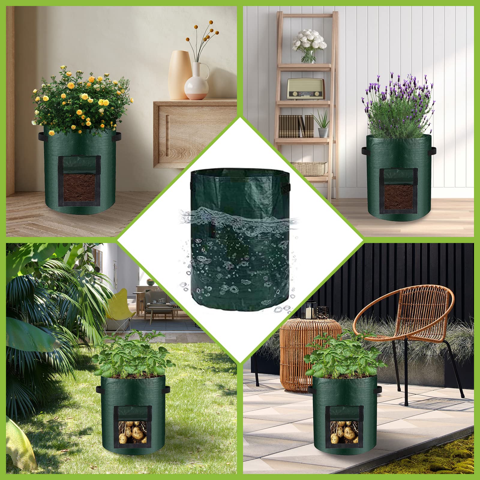 LITLANDSTAR Lot de 6 sacs de culture de pommes de terre, sacs de culture de 57 litres sacs de plantation de jardin avec fenêtres à rabat et poignées, sacs de culture de légumes pour pommes de terre