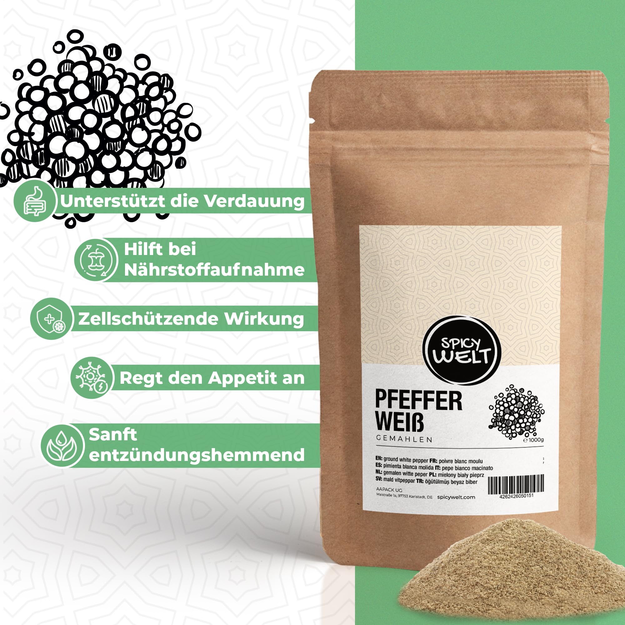 Spicy Welt Pfeffer Weiß Gemahlen (1kg) – Weißer Pfeffer Pulver | für Cremesuppen, Pürees & Helle Saucen | Fein, Dezent & Würzig für Gourmetgerichte | 100% Naturrein, Ohne Zusätze