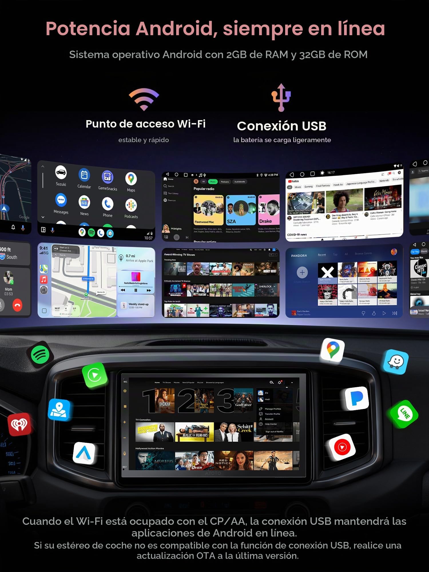ATOTOZONE Radio 2 DIN Android, CarPlay & Android Auto Inalámbrico, 7 Pulgadas Autoradio con GPS Navi, Wi-Fi/Bluetooth/USB, AI-Chat, 24 EQ&DSP, Mirror Link, Cámara Trasera, A5LG2B7T-S01