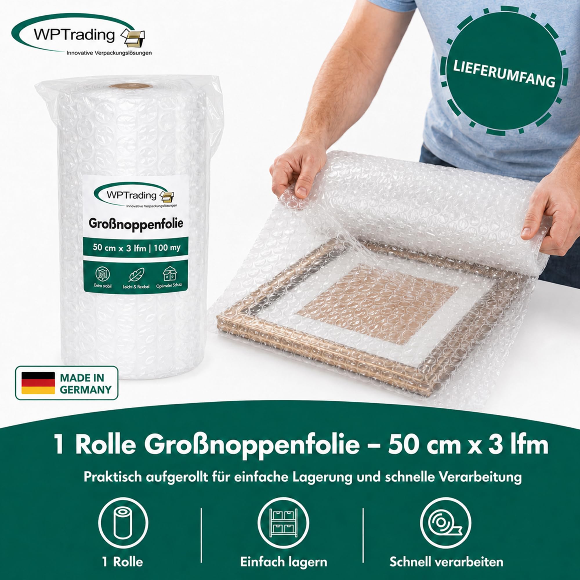 8 x Rolle Großnoppenfolie 50 cm x 3 m (2-lagige mit 100 my) - Noppenfolie 50cm breit mit Noppenhöhe 12 mm - Extra Stoßdämpfende Luftpolster- & Verpackungsfolie reißfest Versand & Umzug