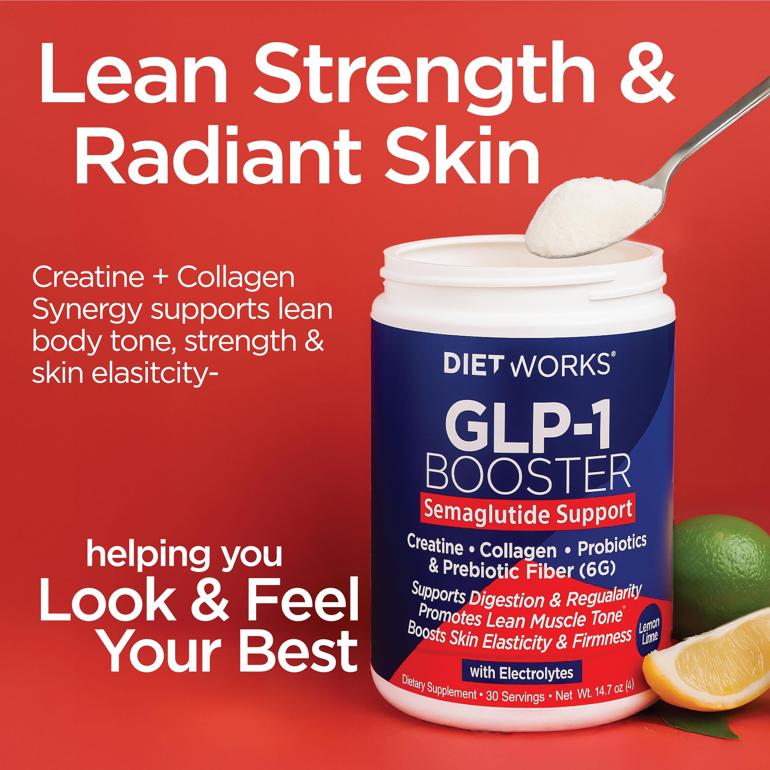 DietWorks GLP-1 Booster – Daily Companion Drink Mix with 6g Prebiotic Fiber, Probiotics, Collagen & Creatine – Supports Gut Health, Hydration, Energy & Wellness – Lemon Lime Flavor, 30 Servings — Amazon image 7