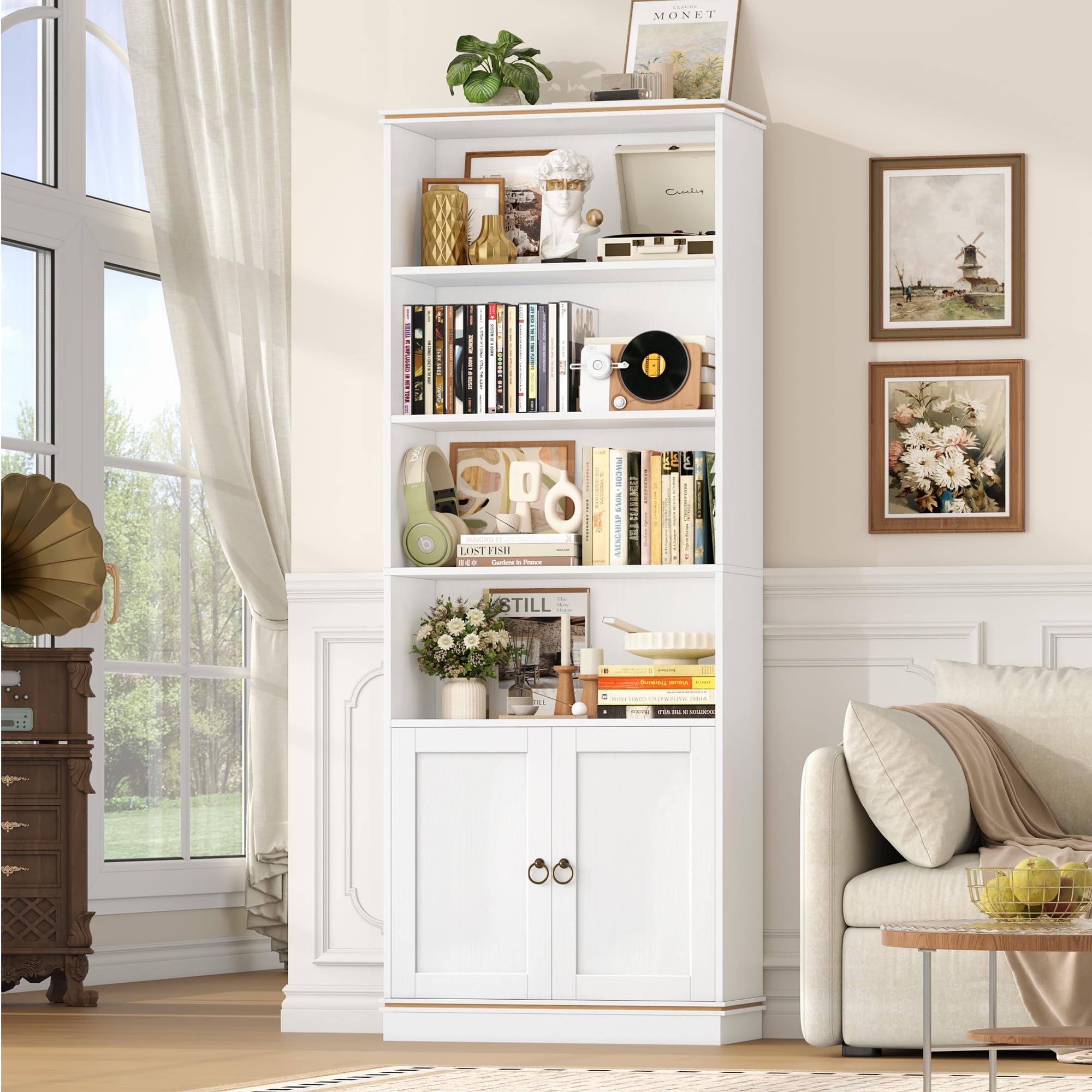 HOCSOK Estantería de pie de 188 cm de altura, con 7 niveles, estantería con vetas de madera natural, estantería de almacenamiento para estudio, oficina, salón, 188 × 60 × 30 cm, color blanco