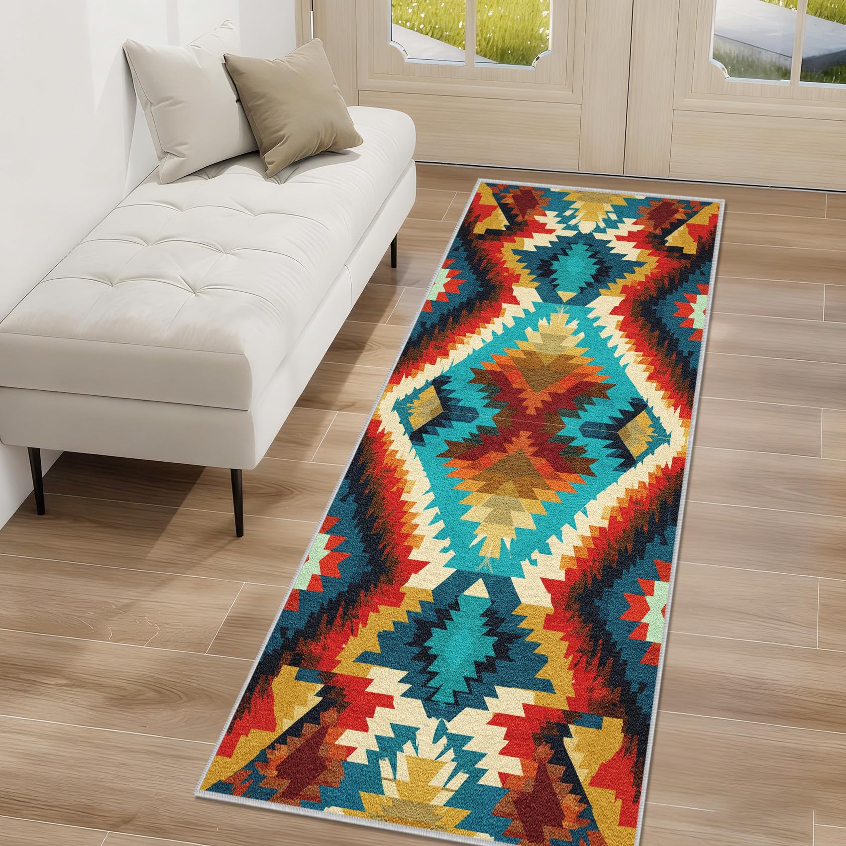 Azteken Navajo Läufer Teppich Flur 50 x 150 cm Waschbar Indianer Südwesten Geometrische Teppichläufer rutschfest Kurzflor Teppich Läufer für Eingang, küche, Schlafzimmer, Wohnzimmer, Korridor ZU&Q306