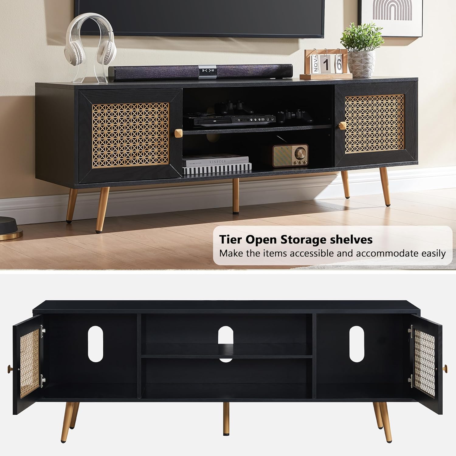 EDYO LIVING 65" Mid Century Modern Black TV Stand with Metal Decoration, Wood Storage TV Cabinet and Open Shelf Entertainment Center, TV Media Console Table for Living Room