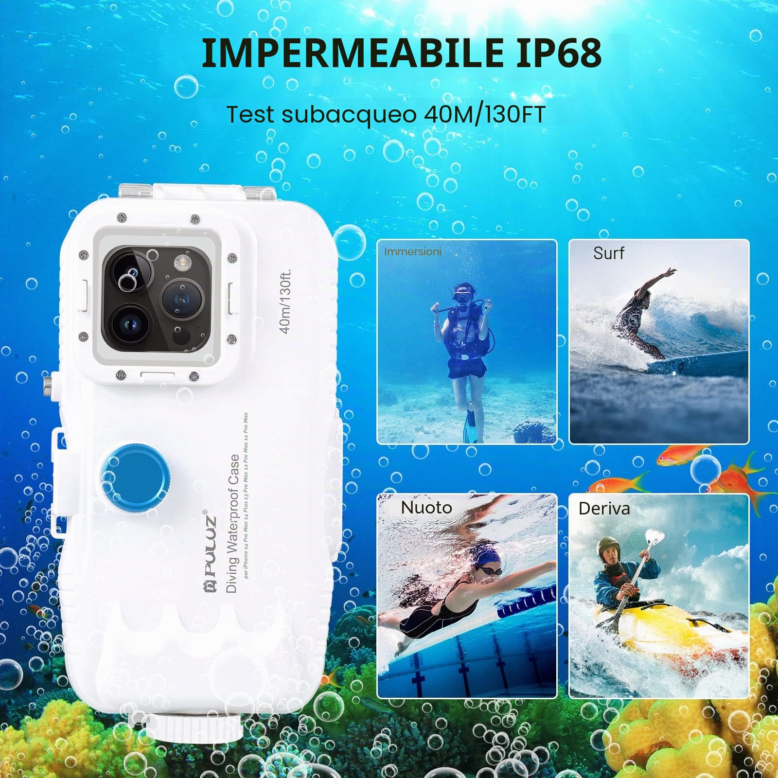 PULUZ Custodia per iPhone 15 Pro Max/ 15 Plus/ 14 Plus/ 14 Pro Max / 13 Pro Max / 12 Pro Max / 11 Pro Max, subacquea impermeabile nuoto snorkeling surf per foto e video(non per iso26)