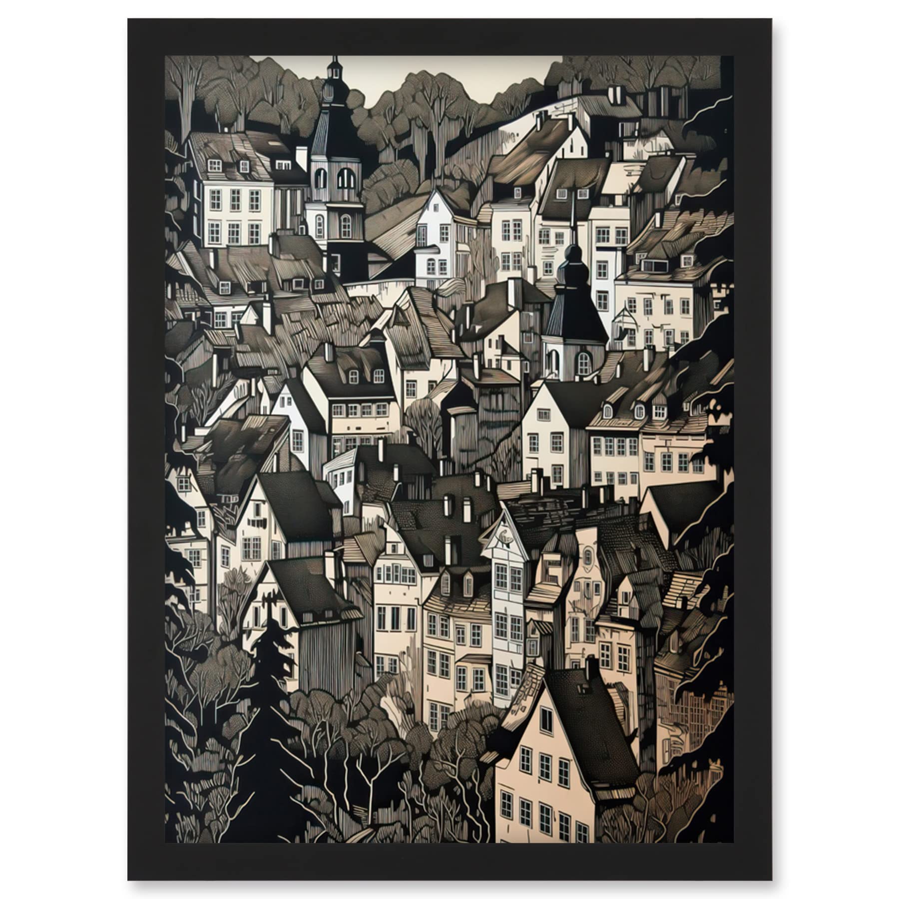 Artery8 Black Forest City Baden Monochrome Cityscape Artwork Framed Wall Art Print A4