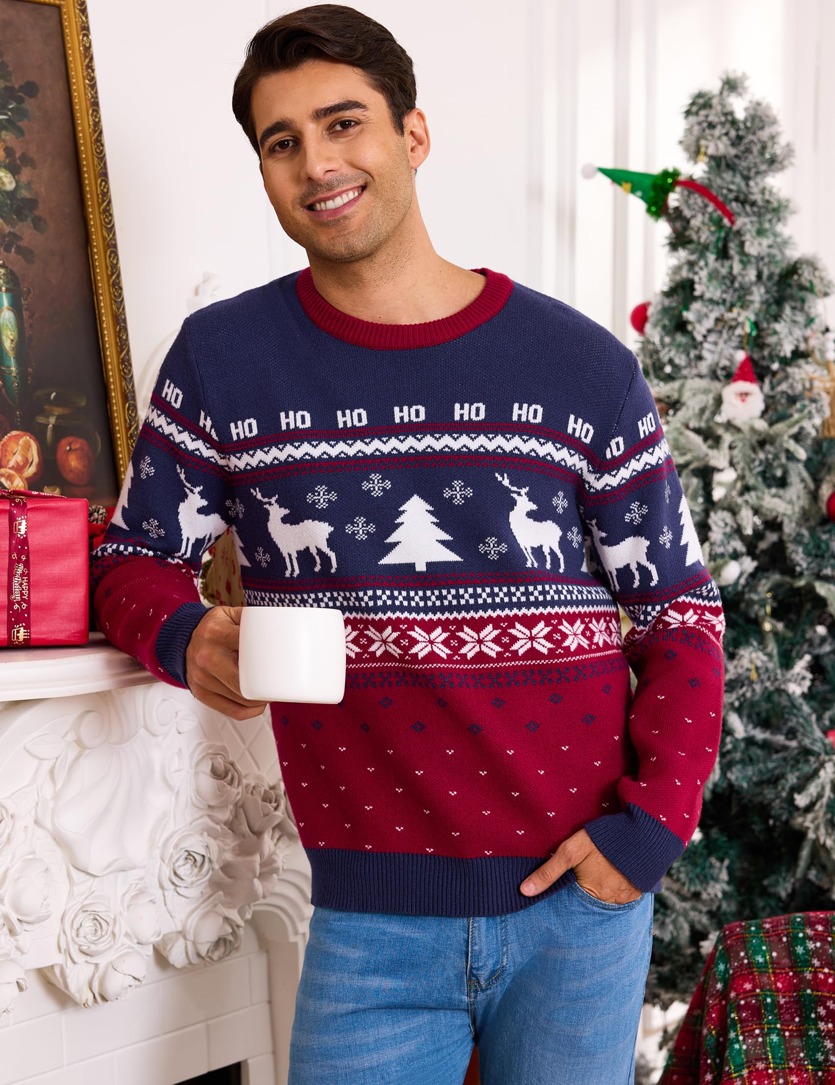 Jersey Navideño Cuello Redondo para Hombre Suéter de Manga Larga Cálido Reno Pullover de Punto Tallas S-XXL