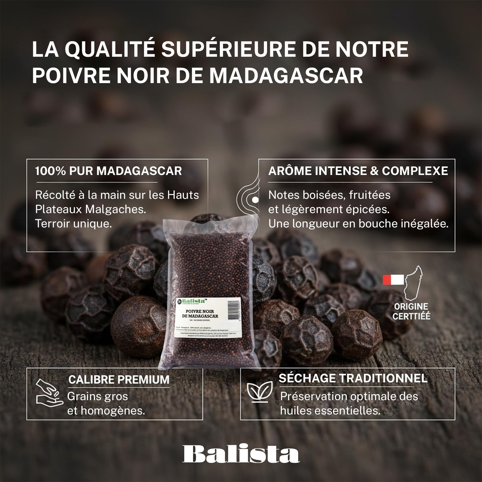 Poivre noir en grains de Madagascar 1 kg – Qualité professionnelle – Grains entiers 100% naturels – Usage restauration & cuisine – Balista