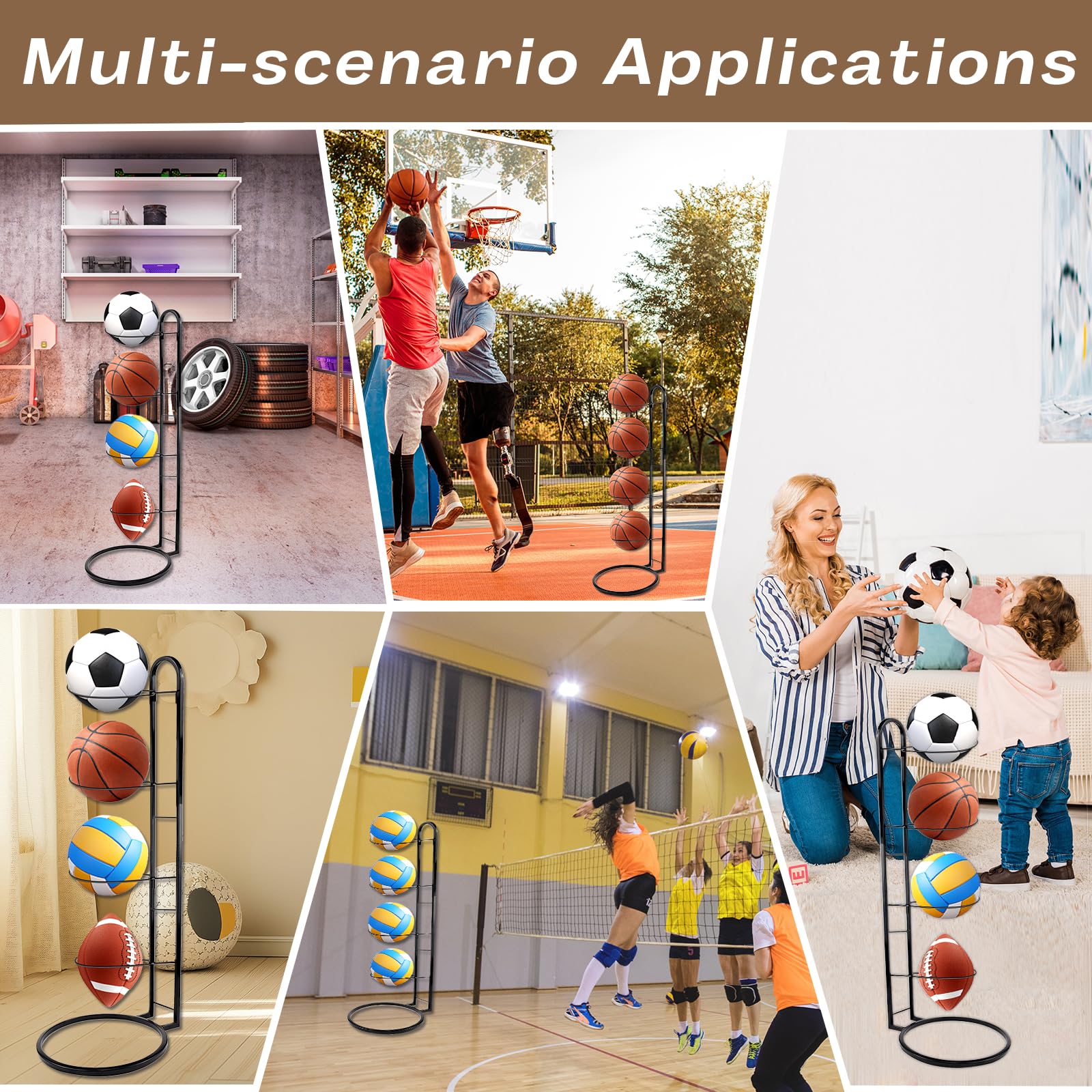 Soporte para pelotas de pie, 4 niveles, soporte para bolas, soporte para bolas, soporte para pelotas (extraíble, negro), adecuado para fútbol, baloncesto, voleibol y rugby