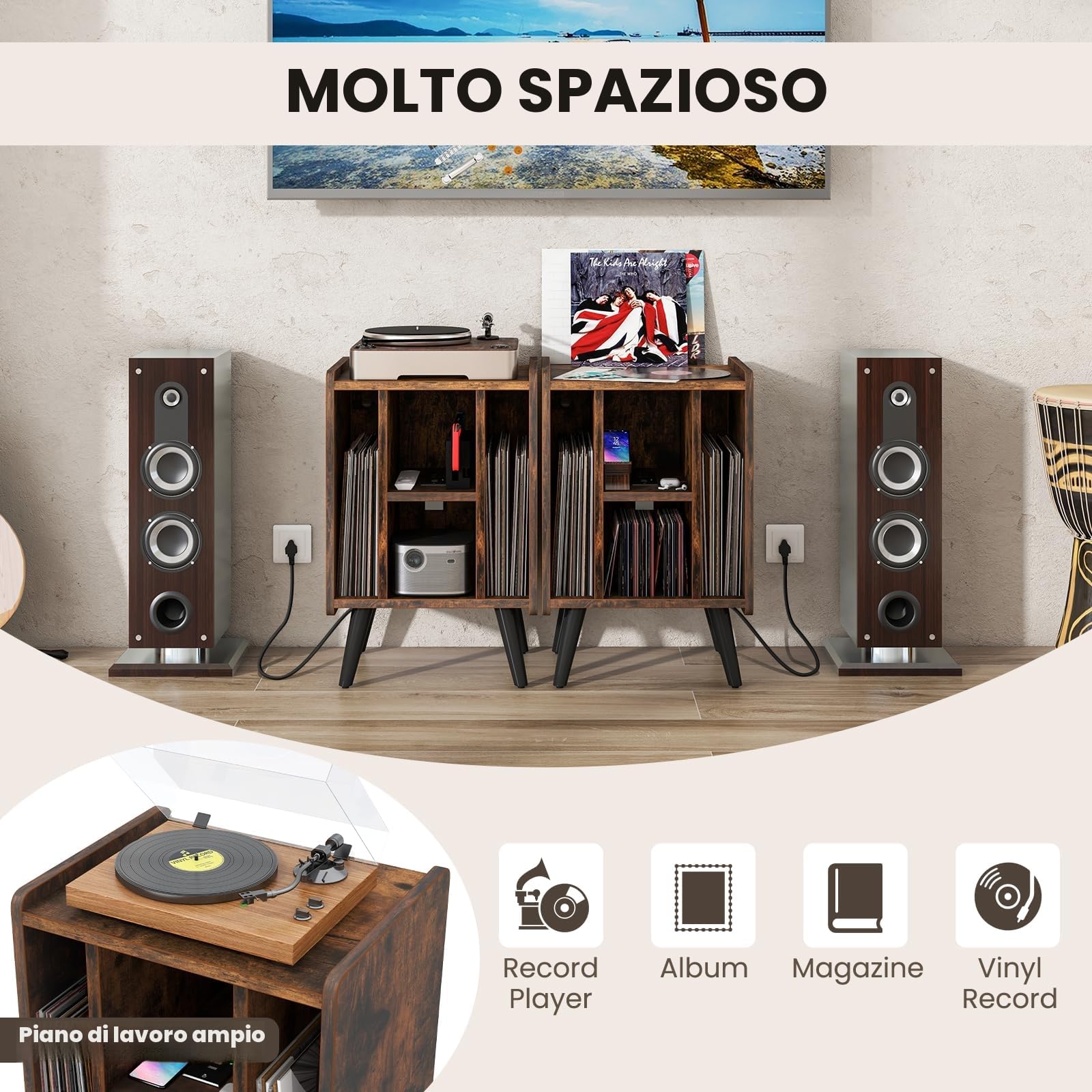 KOMFOTTEU Supporto per Giradischi in Vinile con Stazione di Ricarica, 4 Scomparti Aperti, Mobile Giradischi Potato 90kg, Espositore per Dischi per Ufficio, Soggiorno, 43 x 34,5 x 67,5 cm (Marrone)
