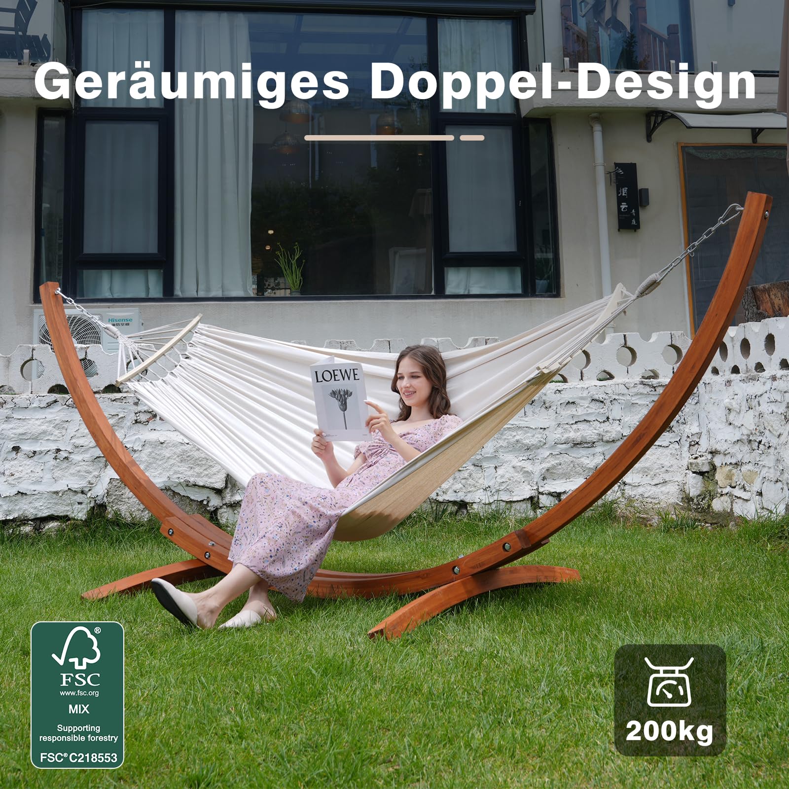 Hängematte mit Gestell, Mit 2 Hängematte, 200kg Belastbarkeit, Maße: 320x120x120 cm, Stabilem Bogengestell aus Massivkiefernholz, Für Garten, Terrasse und Balkon