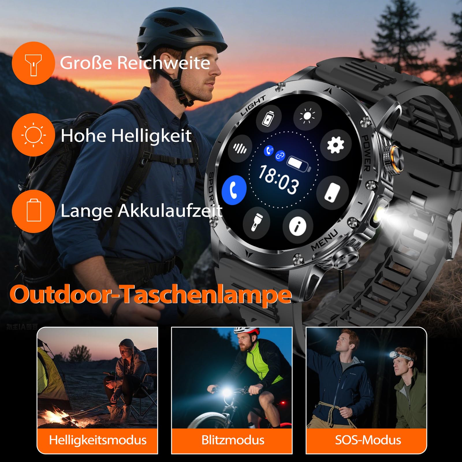 Montre Connectée Homme 1000mAh/LED Lampe, 1.7" HD Écran Smartwatch Homme avec Appel Bluetooth, Trackers D'activité 100+ Modes Sportifs, 24H Sommeil, IP68 Étanche, Podomètre Militaire Android iOS Noir