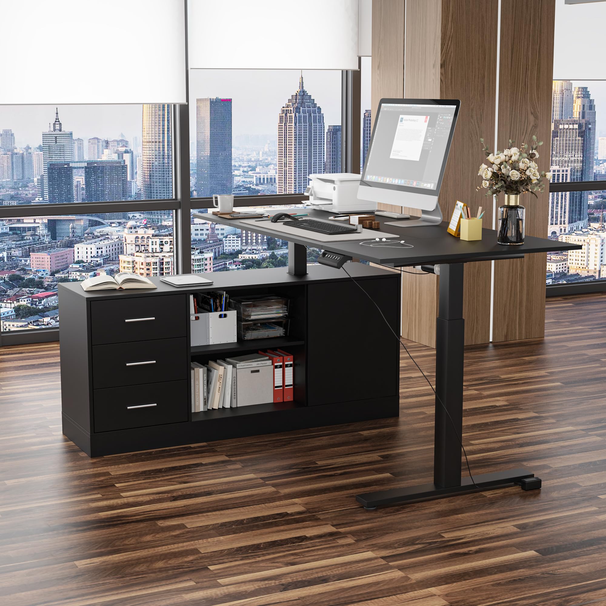 Homsee Home Office L Shaped Electric Standing Desk with Drawers and Shelves, Height Adjustable & Shape Reversible Stand up Desk, 63" Computer