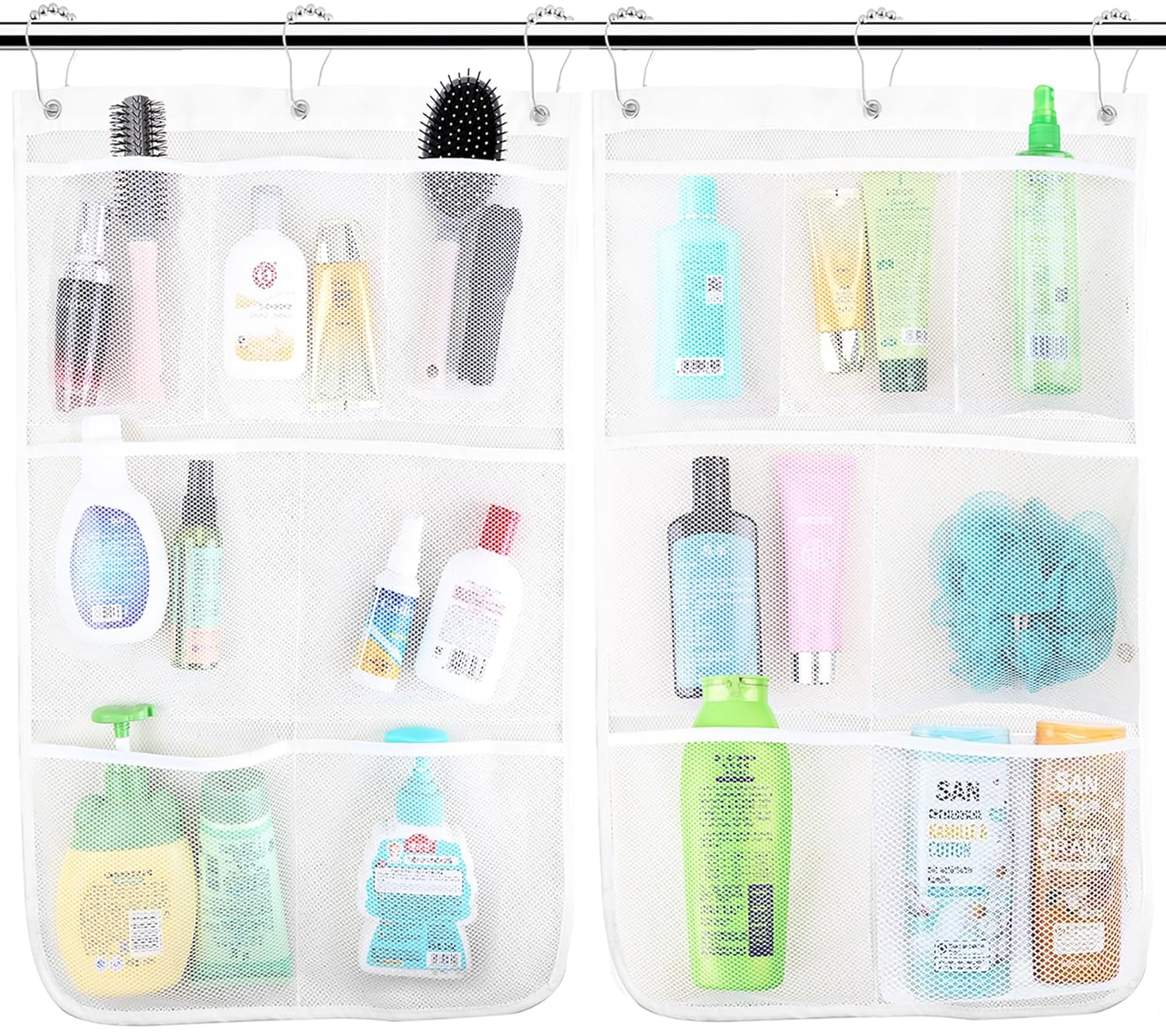 Shower Organizer Mesh Shower Caddy Quick Drying Hanging 7 Pockets With 6 Hooks Hanging Portable Can Store Soap