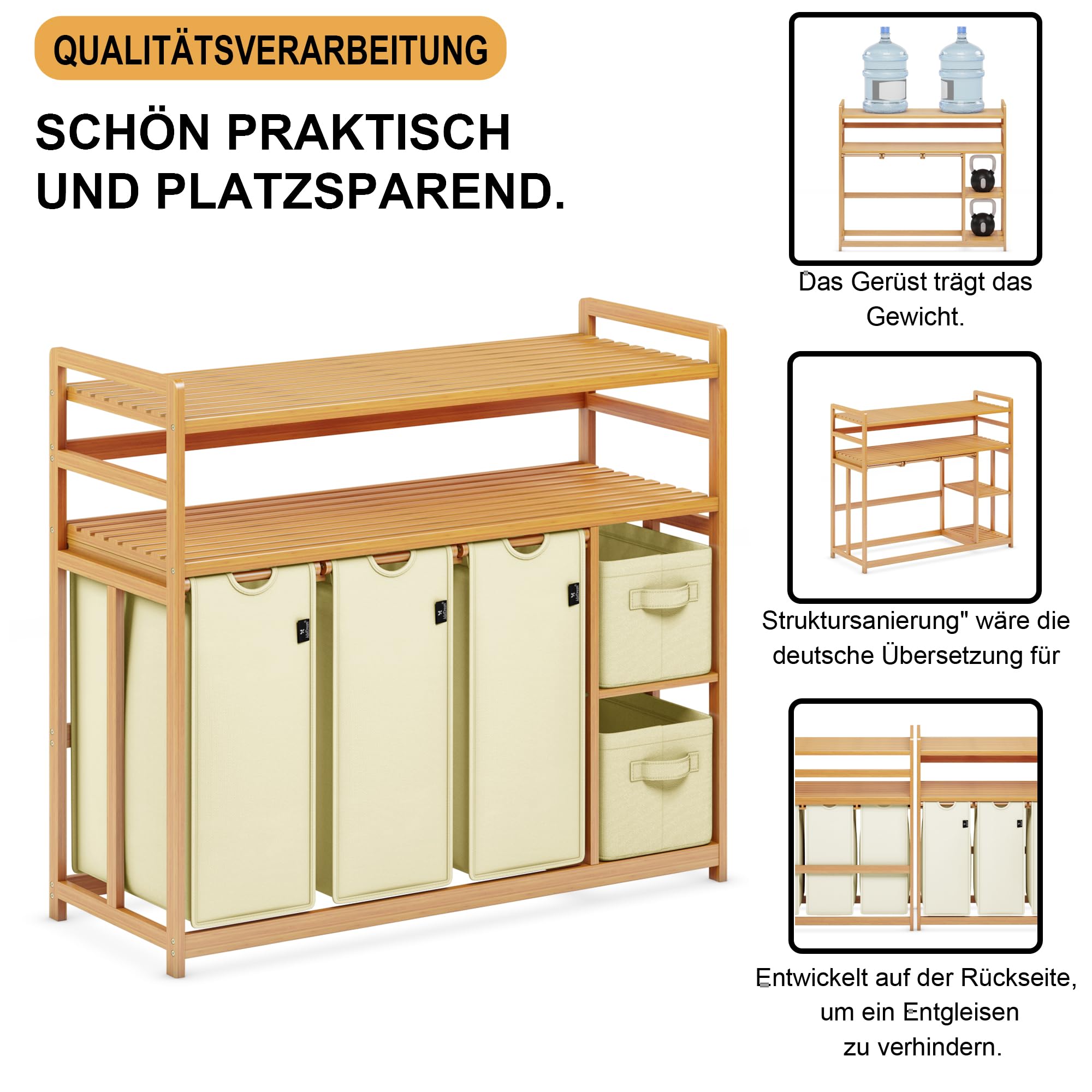 ADEL DREAM Wäschekorb 5 Fächer 2 Regale Wäschesammler 190L Wäscheboxen Mit Korb Wäschesortierer mit 3 Wäschesäcken & 2 Stoffboxen Wäschesack Bambus Wäscheregal Wäschebox Laundry basket Beige