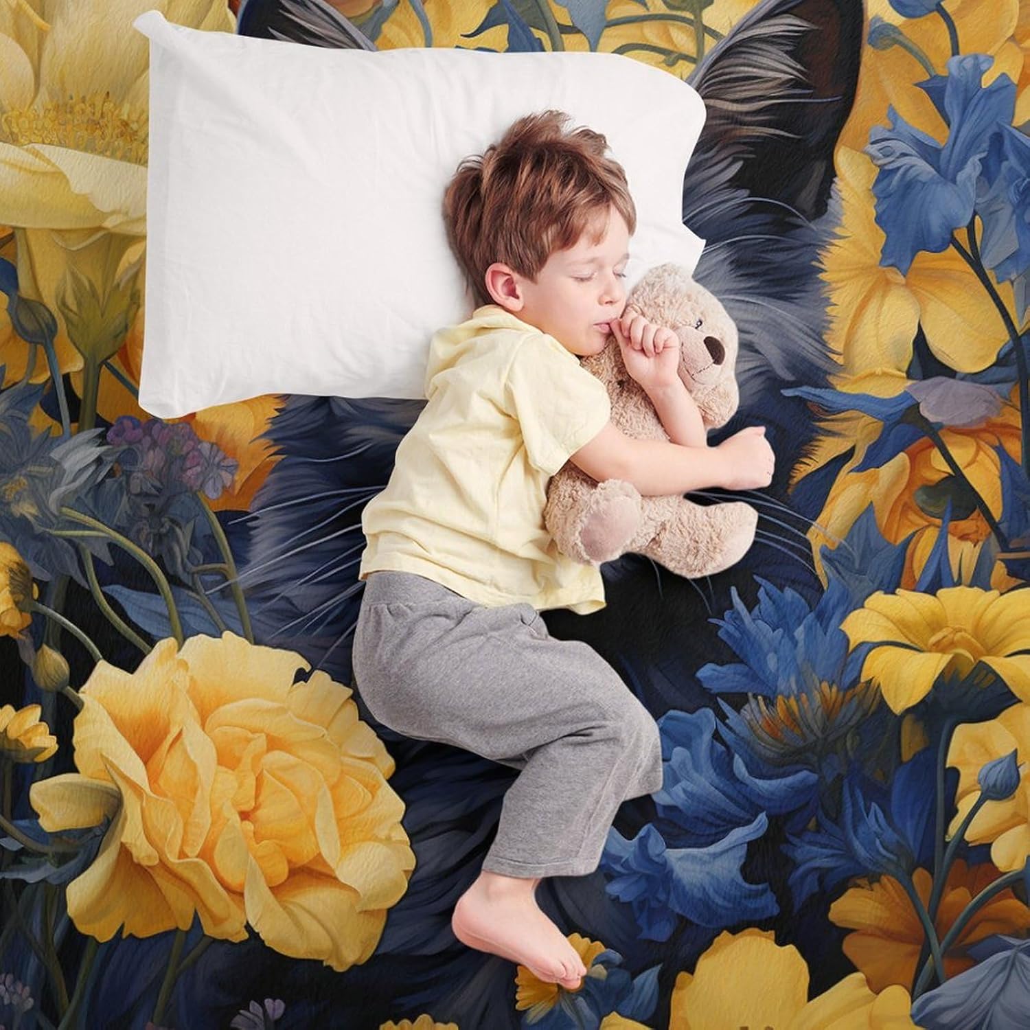 Blue Cat in Bloom Throw Blanket for Winter Bedding Couch and Gift 70"x80" Cat Pet Lover Velvet Flannel Blanket Gift for Kids Family and Friends Flannel Blanket for Bed