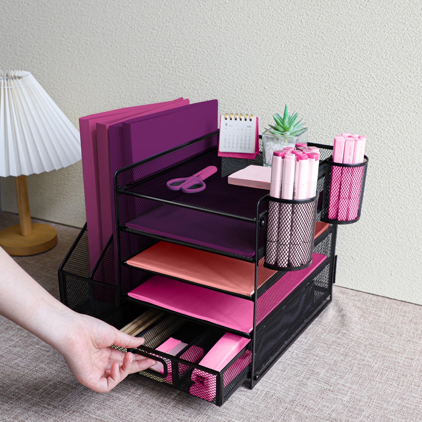 Organizer da scrivania con portadocumenti, organizer a 5 ripiani con cassetto e 2 portapenne, organizer da scrivania in rete per forniture per ufficio, spazio di lavoro, nero