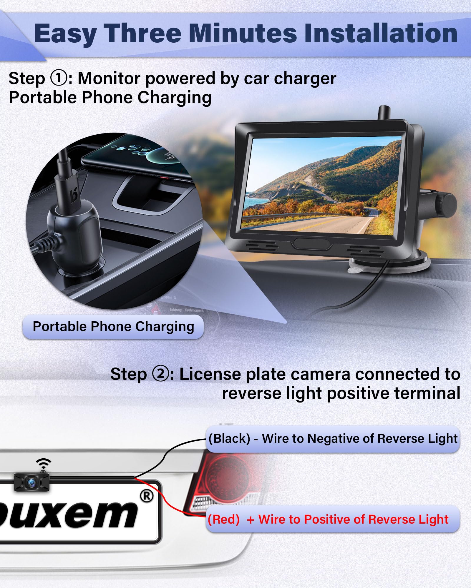 Segnale Stabile Retrocamera Auto Wireless AHD 1080P Telecamera Posteriore Senza Fili con 5'' Monitor con Telecamera Retromarcia Wireless Nessuna Foratura DIY Linea Guida per DC 12V Auto SUV Camion