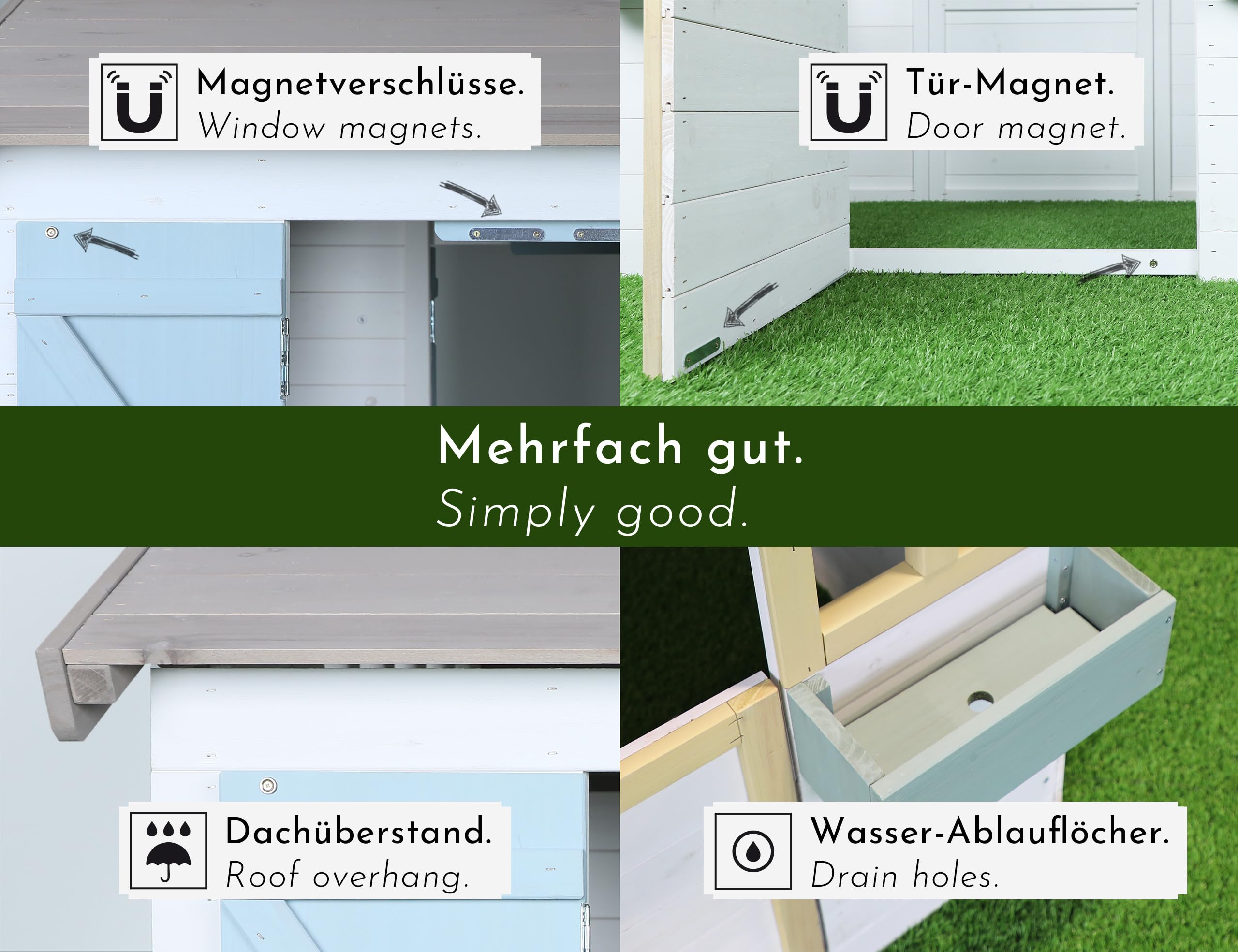 Design Kinder Spielhaus Holz mit 2 Pflanzkästen und magn. Tür + Fenster, Kinderspielhaus ab 3 Jahre Garten Outdoor draußen wetterfest klein hoch, Gartenhaus 115x101x130 cm, weiß grau bunt