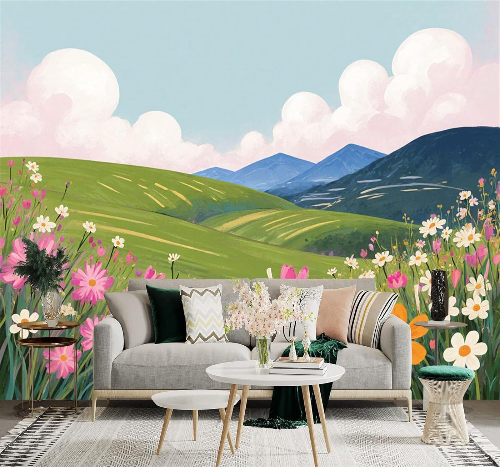YueMingDi Green Hills Wildflowers Mountain Peaks Spring Landscape 3D Wallpaper Creative Modern Decoration Murals Home Decor Study Living Room Bedroom Sofa Background-430cm×300cm
