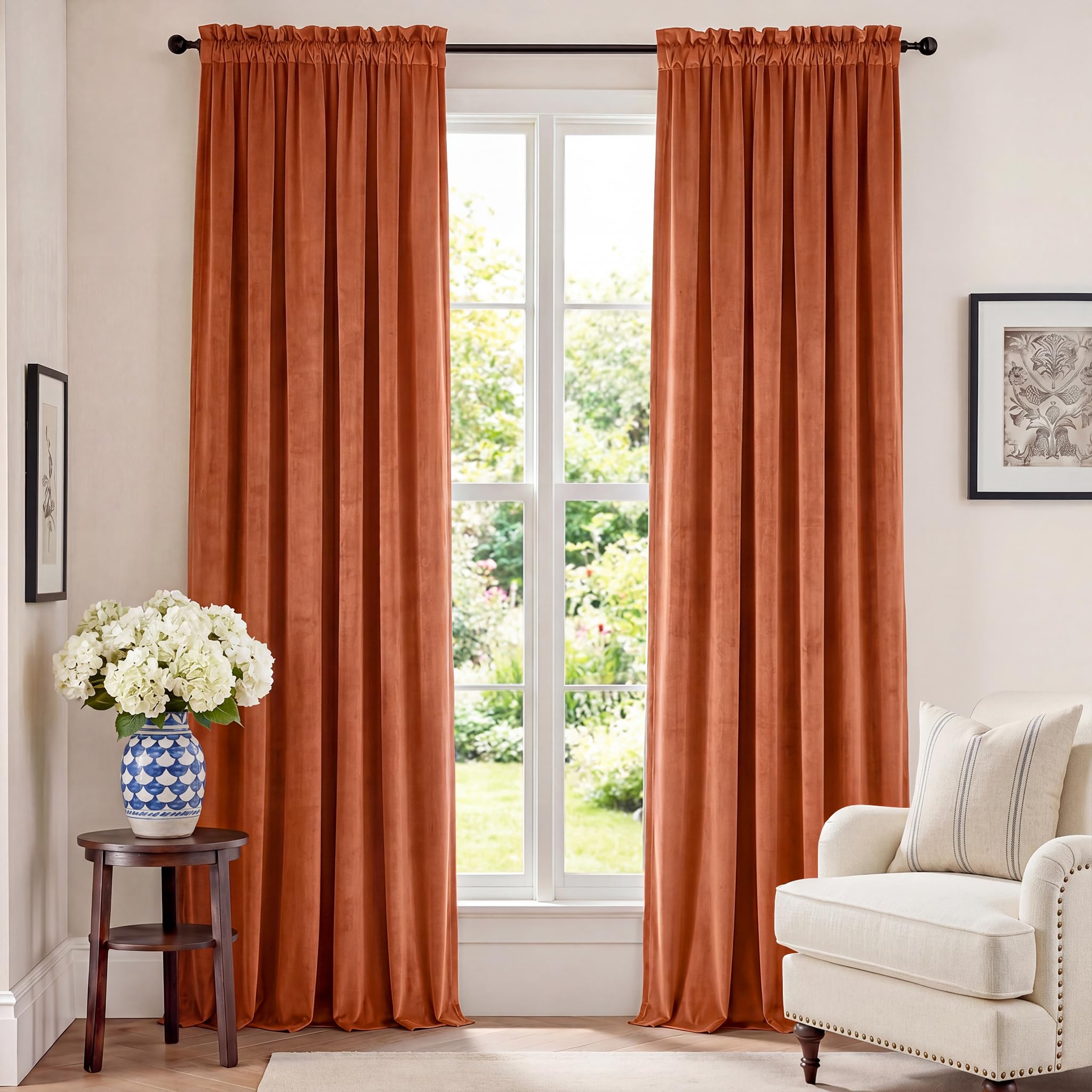 Lazzzy Halloween Blackout Velvet Curtains - Orange Fall Decor, Thermal Insulated, Room Darkening Window Treatments for Living Room, 2 Panel Sets, 96 Inch Long, Burnt Pumpkin — image 1