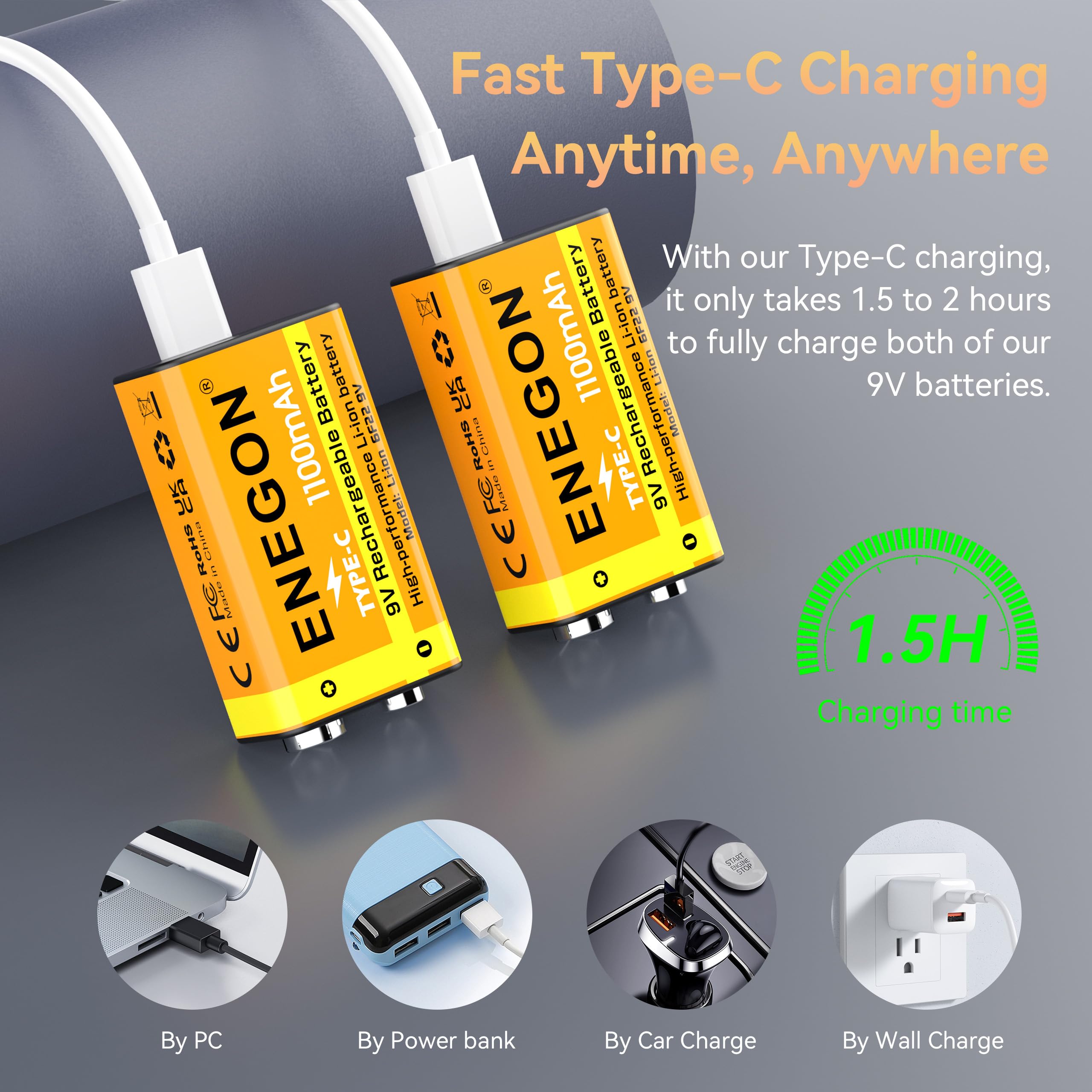 ENEGON 2 batterijen 9 V, oplaadbaar, 1000 mAh met USB