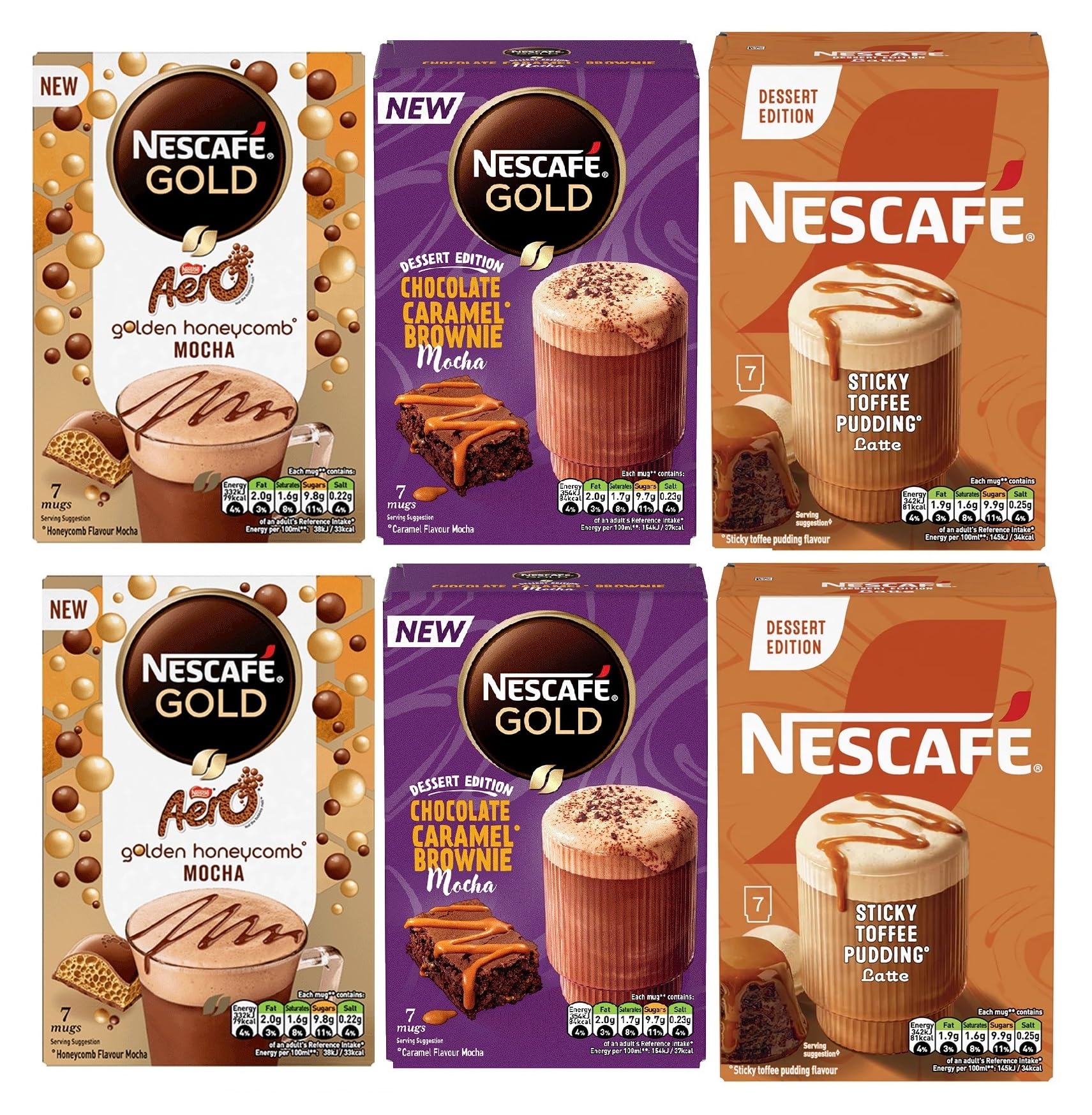 Nescafe Frosty variety pack Instant Coffee Saittes: Chocolate Caramel Brownie, Sticky Toffee Pudding Latte, AERO Mocha (Pack of 6)