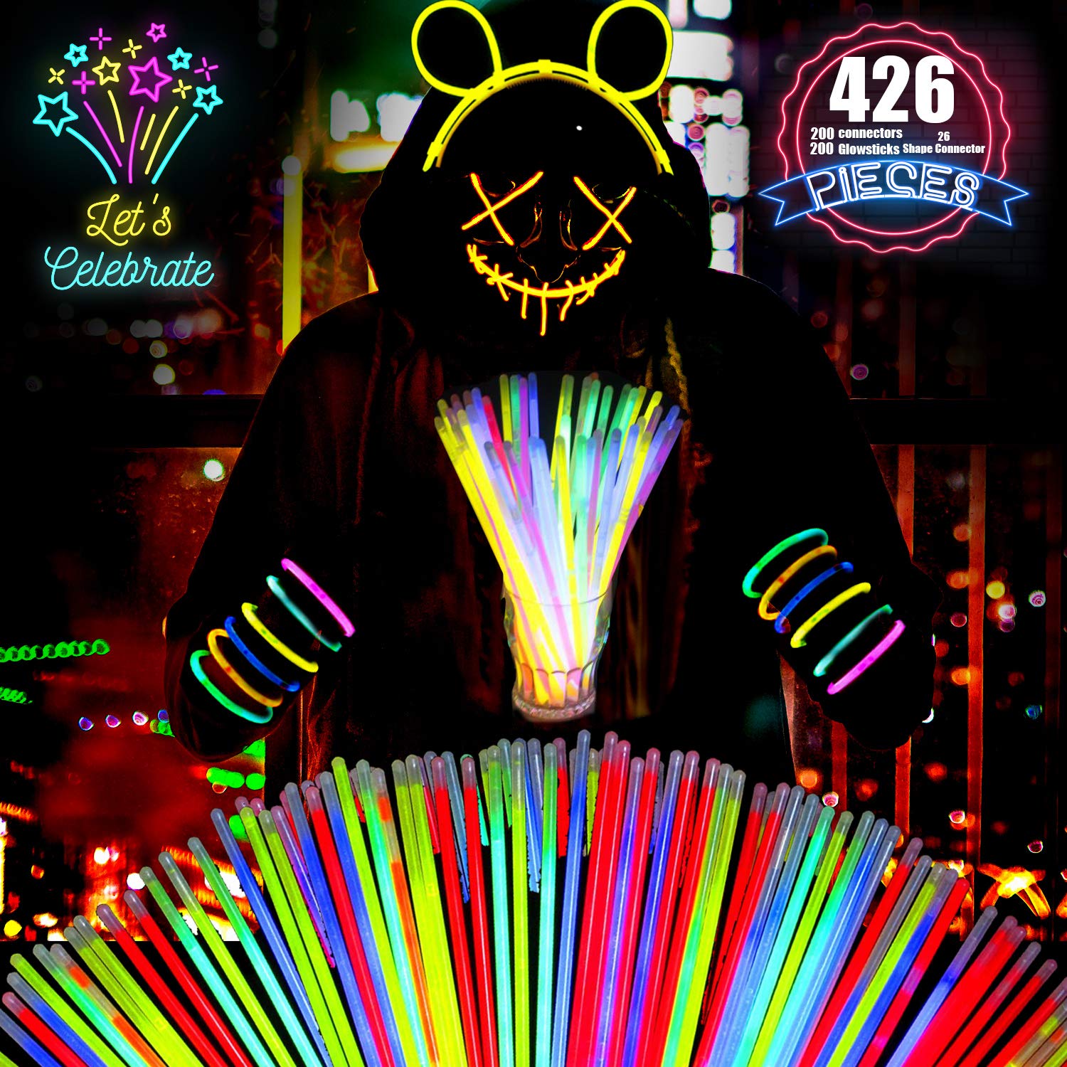 WedDecor Premium Glow Sticks with Connectors, 8" Long Glow Sticks Party Packs for Adults, Glow in The Dark Neon Sticks for Necklace and Bracelets for Kids Party Supplies, Halloween Decoration, 426pcs โ image 1