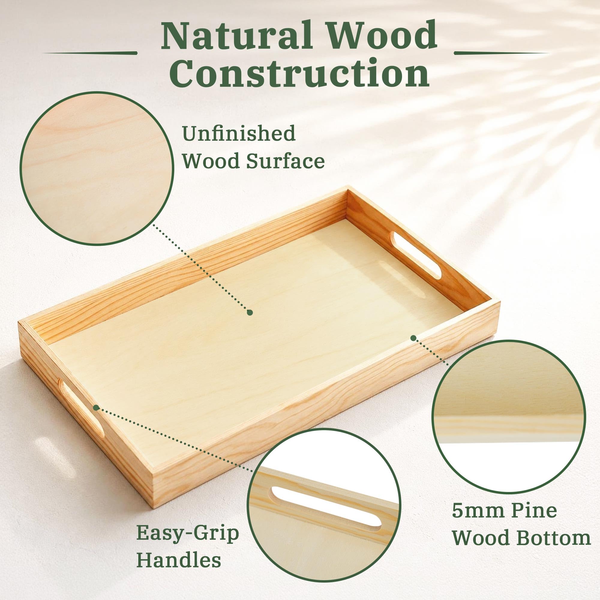 LotFancy Bandejas de Madera anidadas, Juego de 5, bandejas de Madera Natural sin terminar con Asas, para Manualidades y decoración, Organizador de Alimentos para Desayuno, Almuerzo, Cena