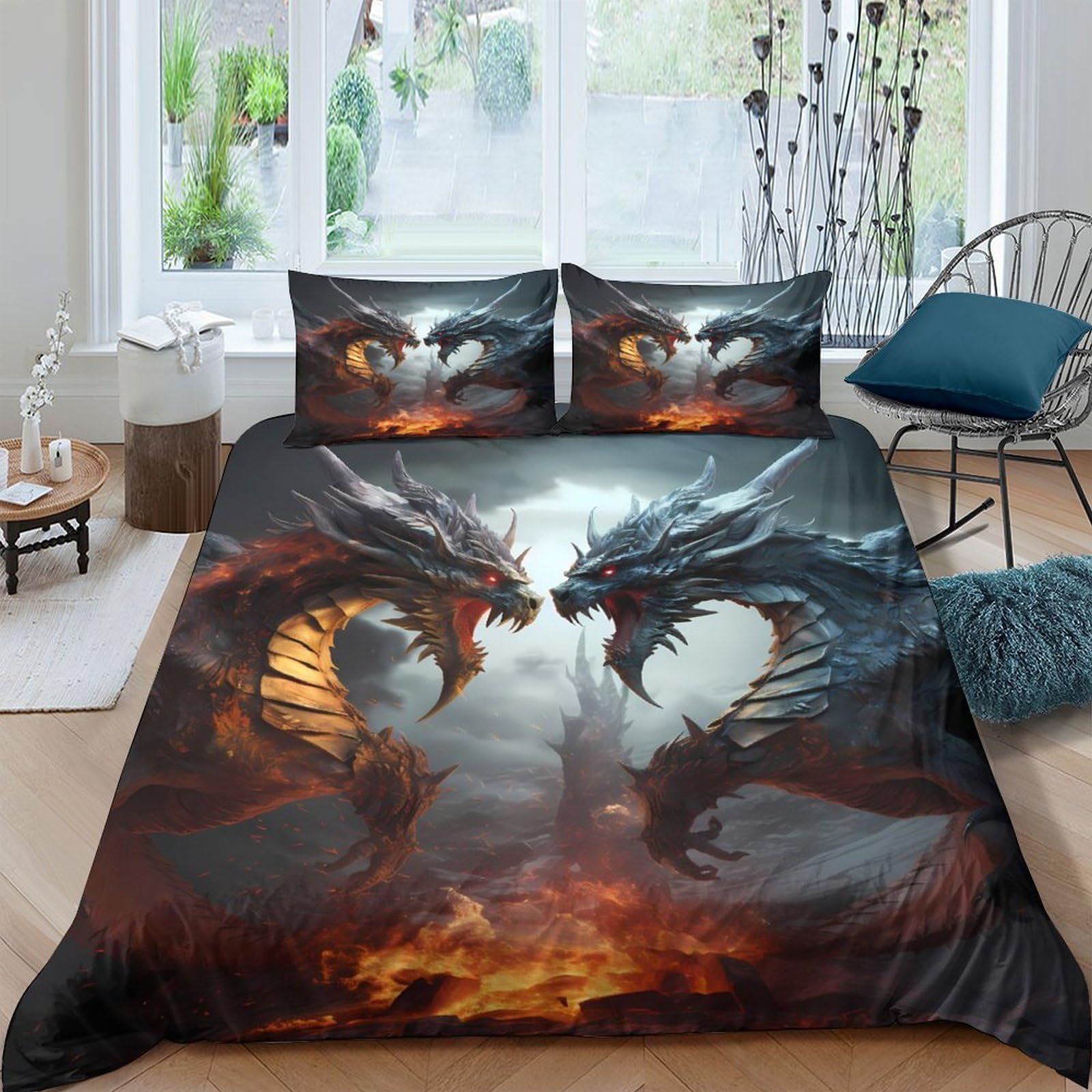 3D Printed Dragon battle scene Bedding Cover Microfiber Fantasy mythical art Quilt Cover Hypoallergenic Easy Care for College Dorm Teenagers Student Daily Bedding Use Super king（260x220cm）