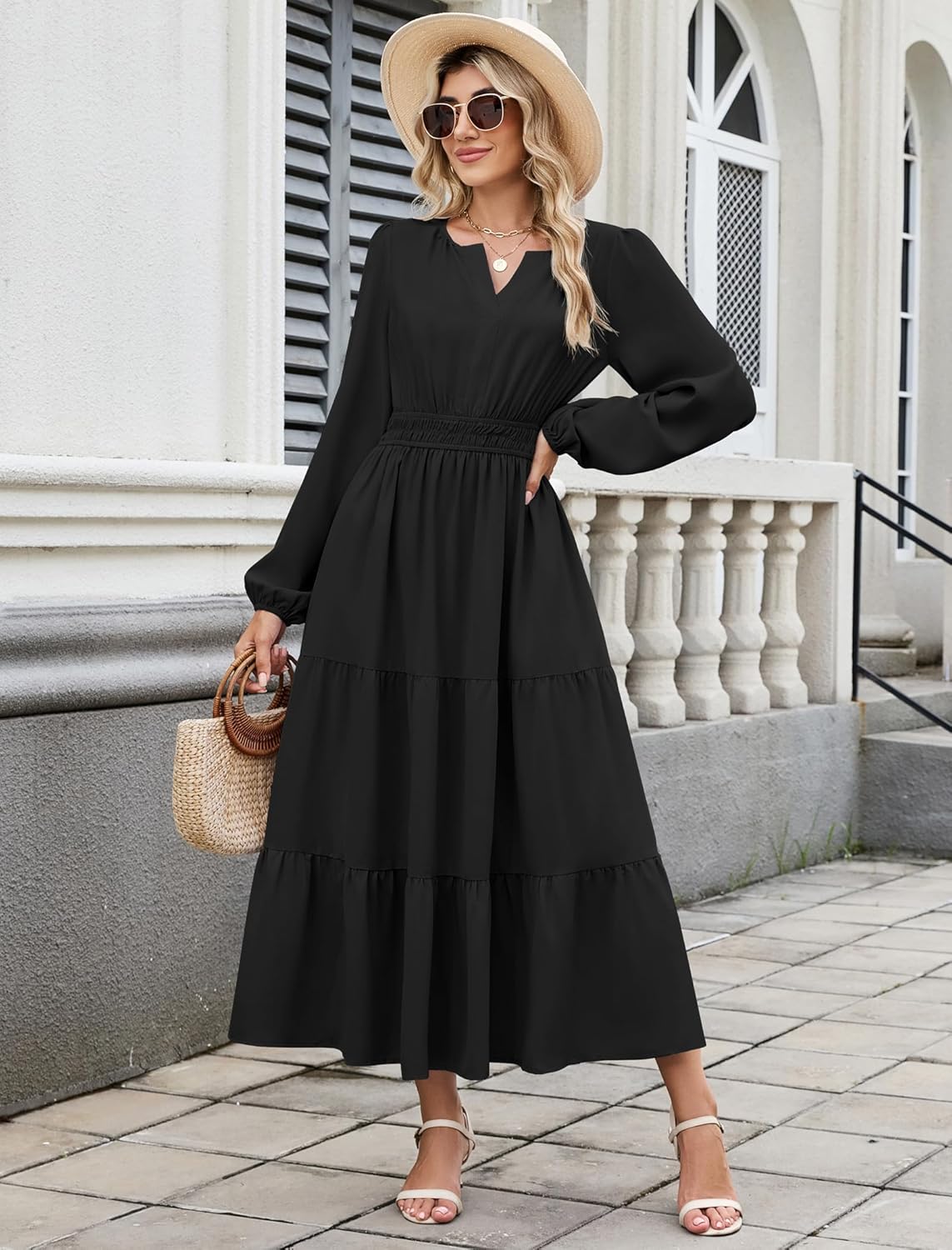 ZAFUL Womens Fall Maxi Dresses 2025 Puff Long Sleeve V Neck High Waist A Line Long Flowy Tiered Wedding Guest Dress Pockets - Image 2