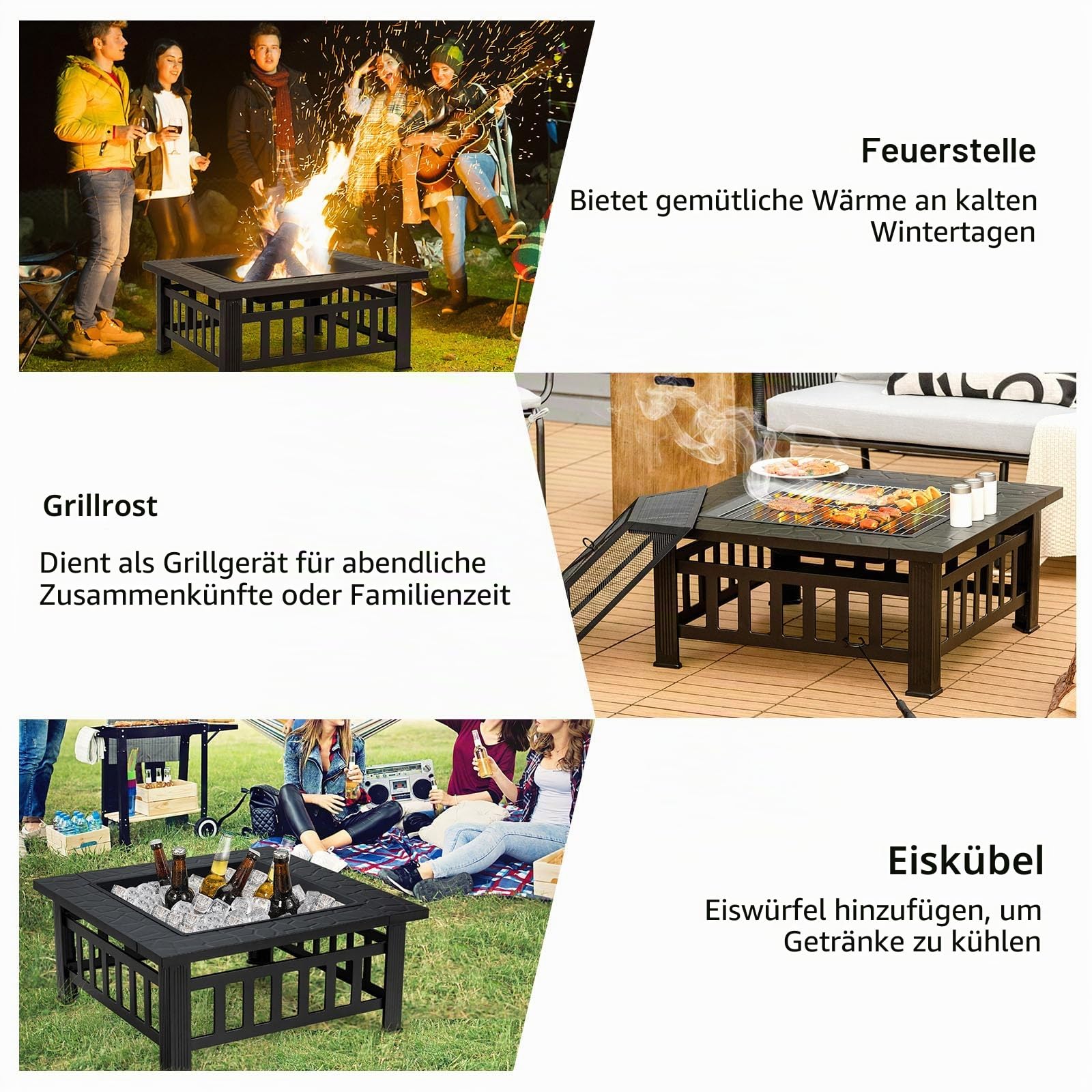KOMFOTTEU Feuerschale Feuerkorb, Feuerstelle mit Grillrost & Decekl, Flammschale 81 x 81cm Outdoor, Feuerstellentisch inkl. Schürhaken, firepit mit Funkenschutz für Heizung BBQ (Schwarz)